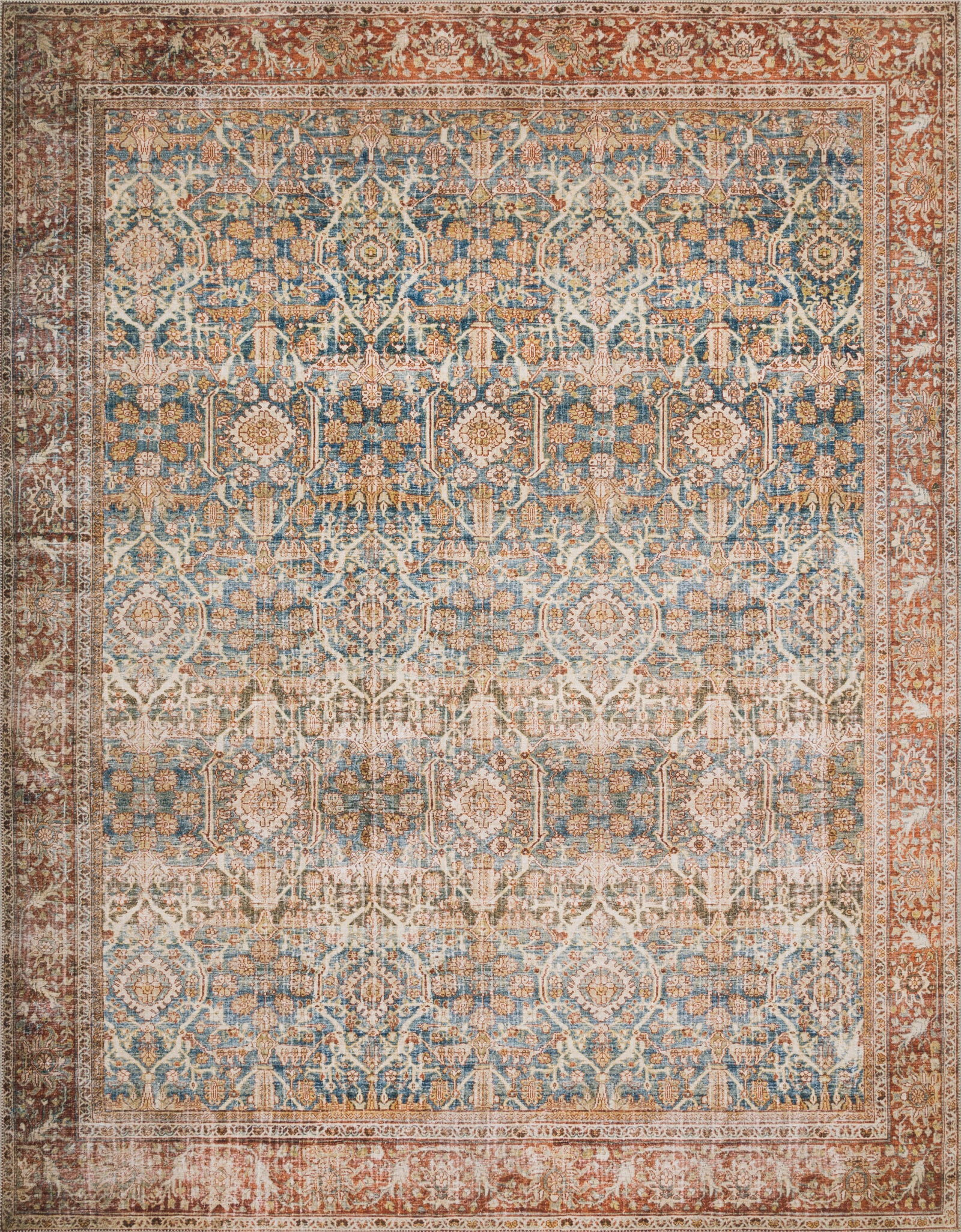 front view of Layla Ocean / Rust luxury Rug