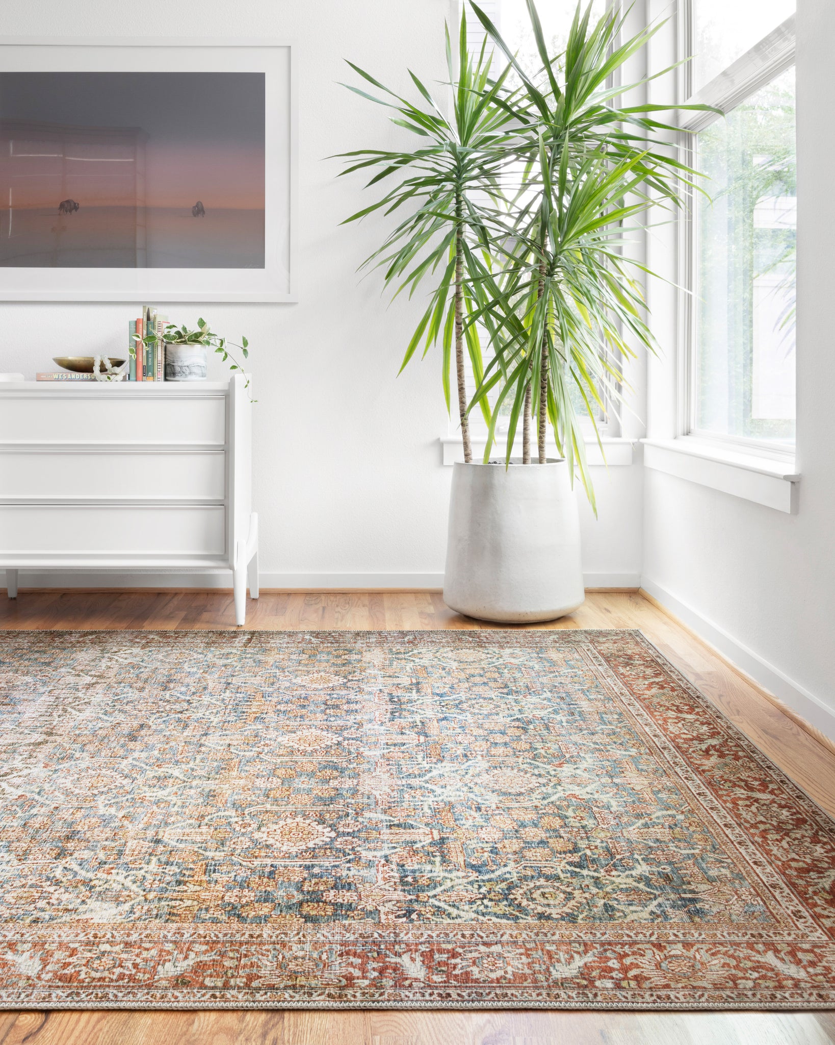 angle view of Layla Ocean / Rust luxury Rug