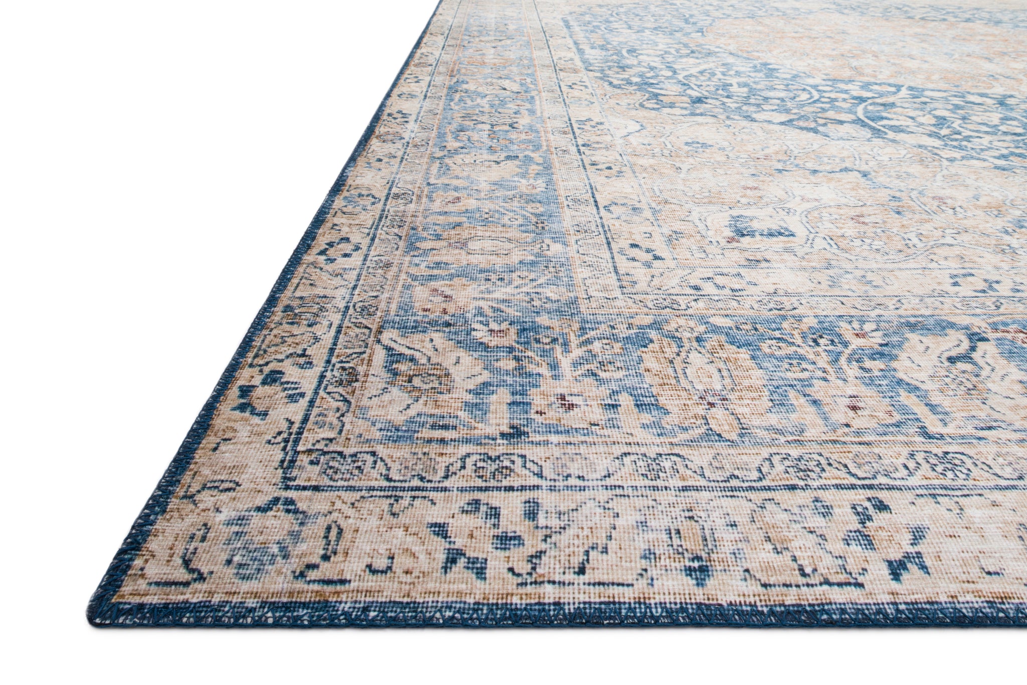 side view of Layla Blue / Tangerine luxury Rug