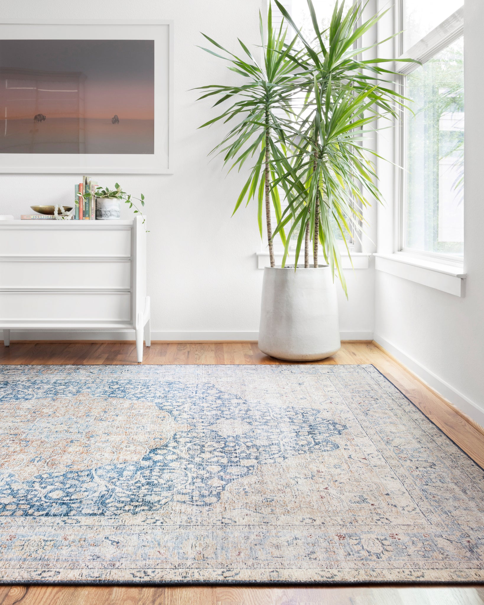 angle view of Layla Blue / Tangerine luxury Rug