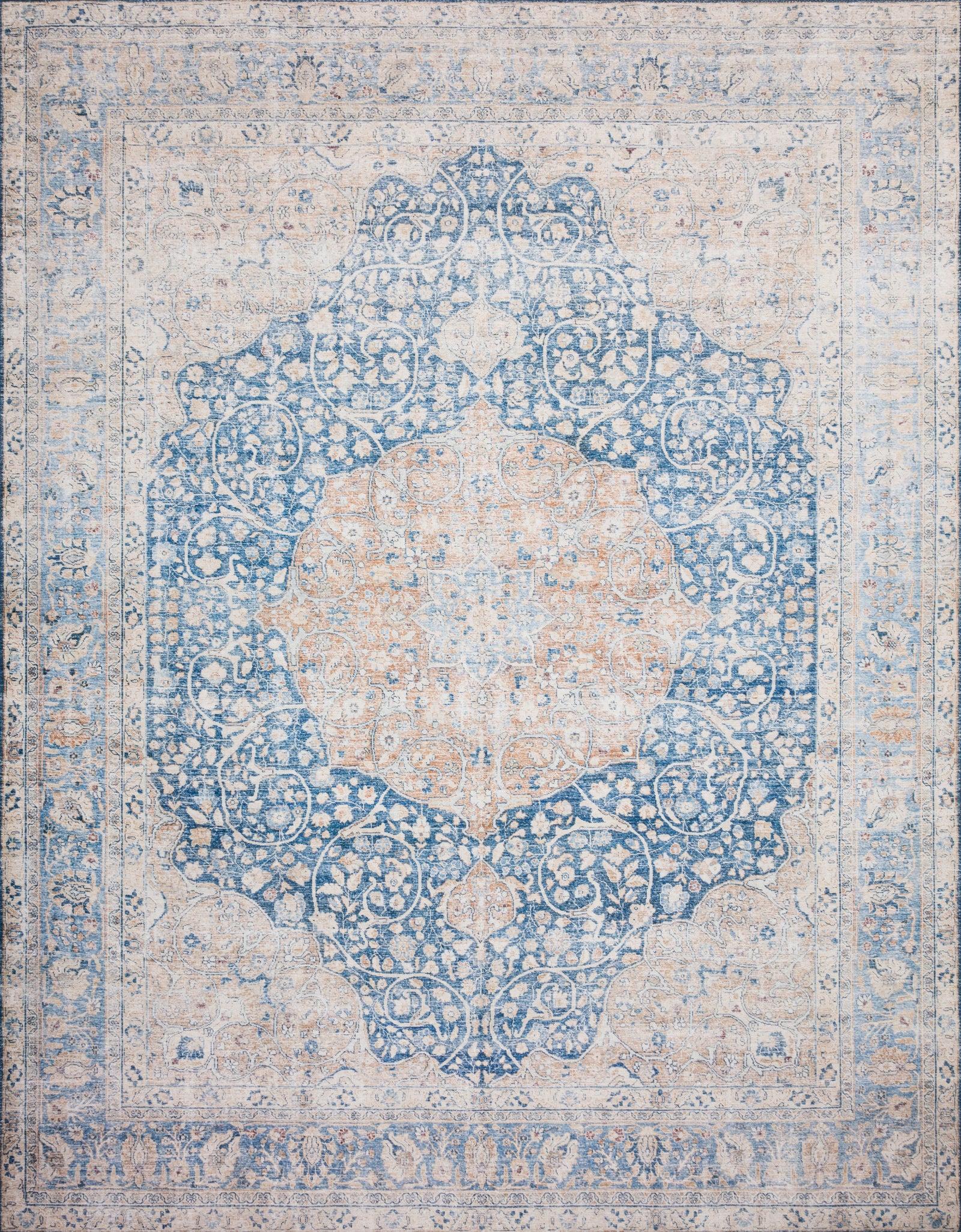 front view of Layla Blue / Tangerine luxury Rug