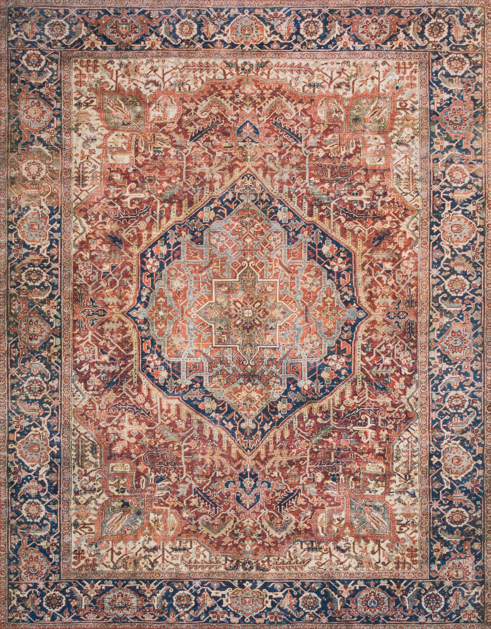 front view of Layla Red / Navy luxury Rug