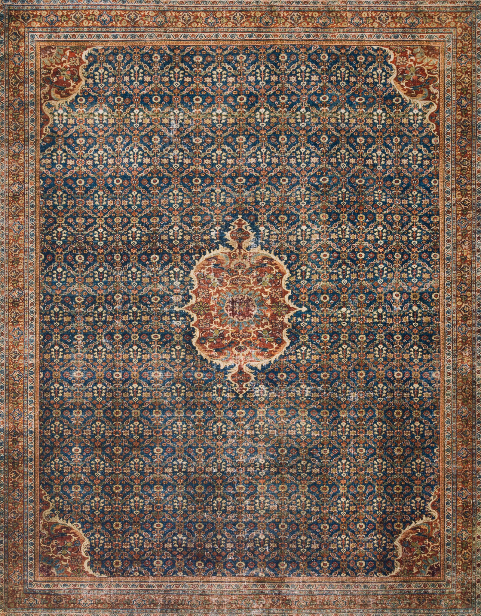 front view of Layla Cobalt Blue / Spice luxury Rug