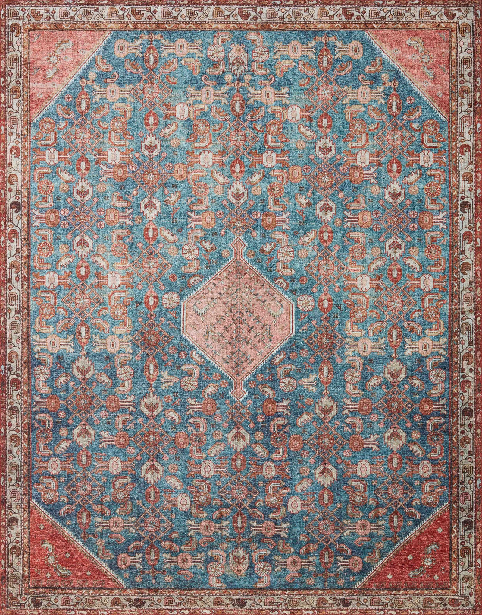 detail view of Layla Blue / Tangerine luxury Rug