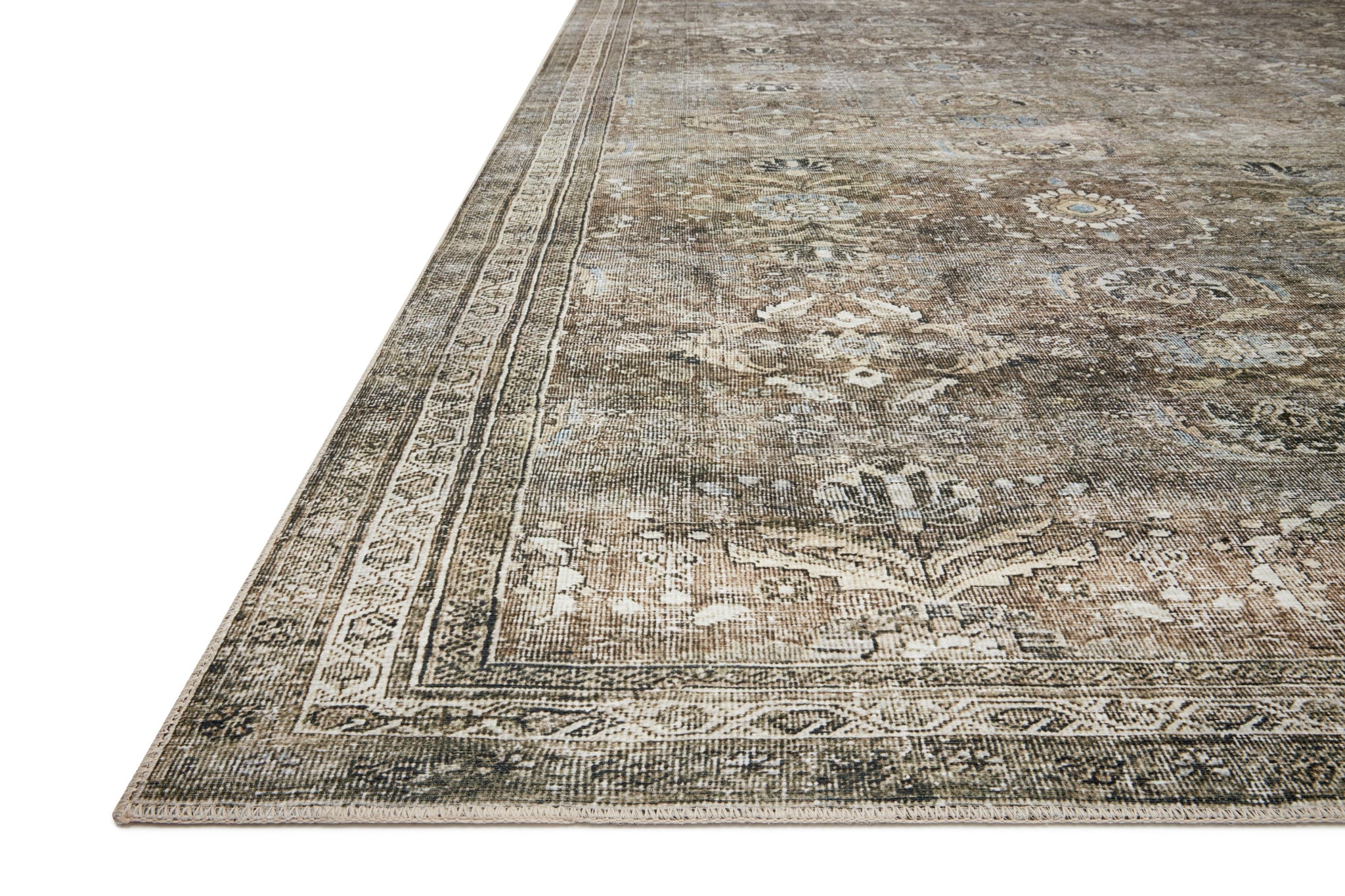 side view of Layla Antique / Moss luxury Rug