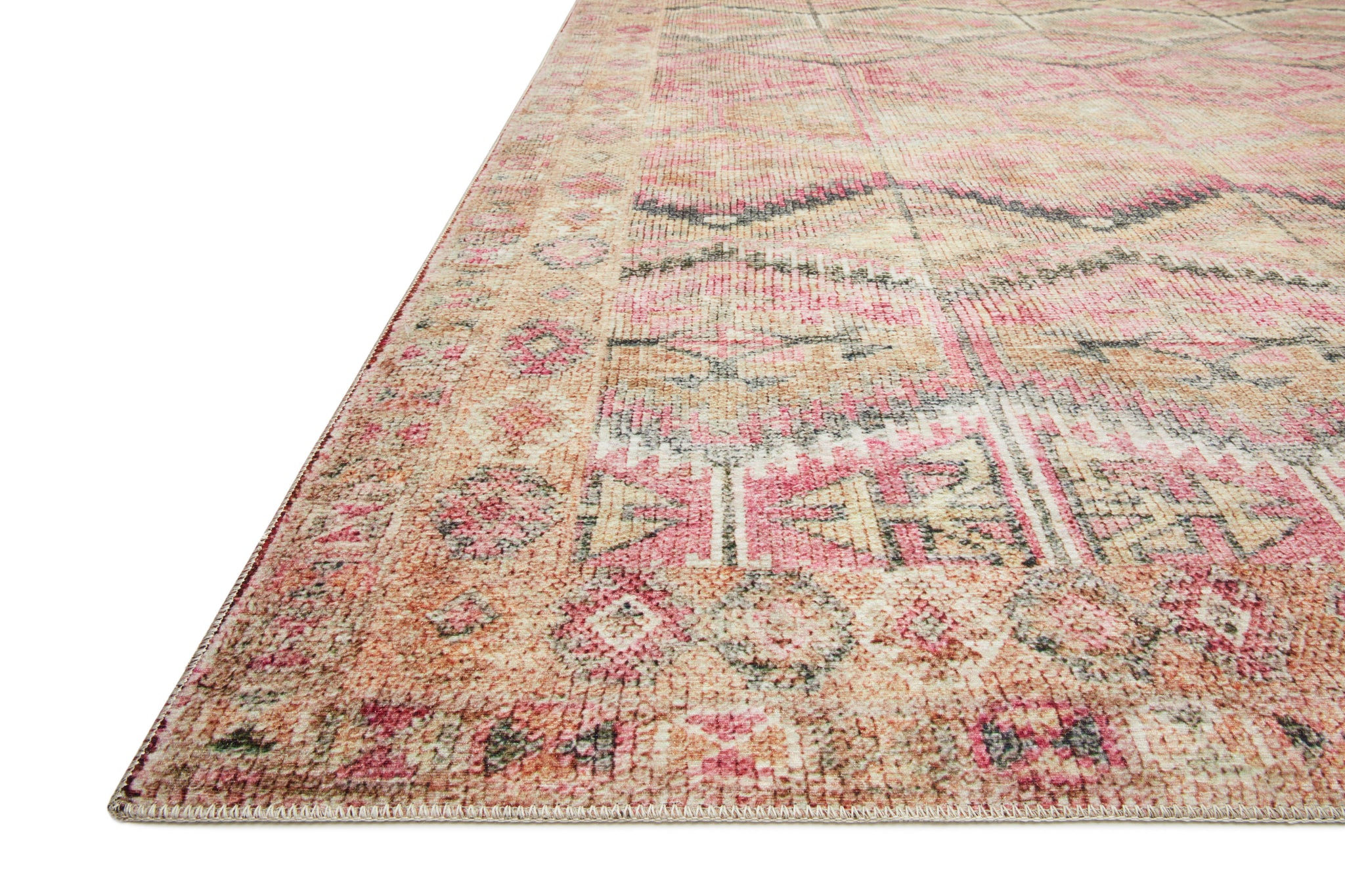 side view of Layla Pink / Lagoon luxury Rug