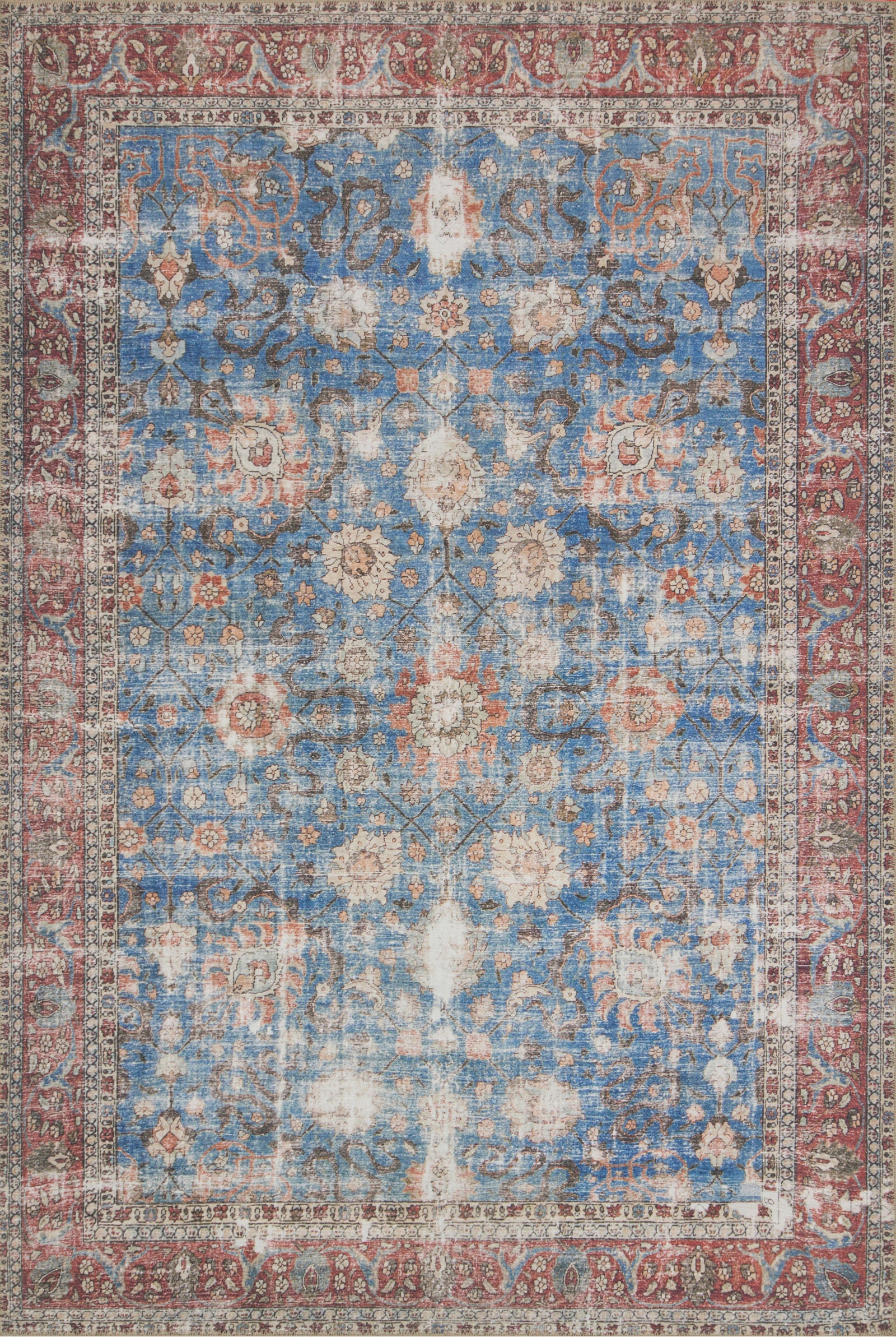 front view of Loren Blue / Brick luxury Rug