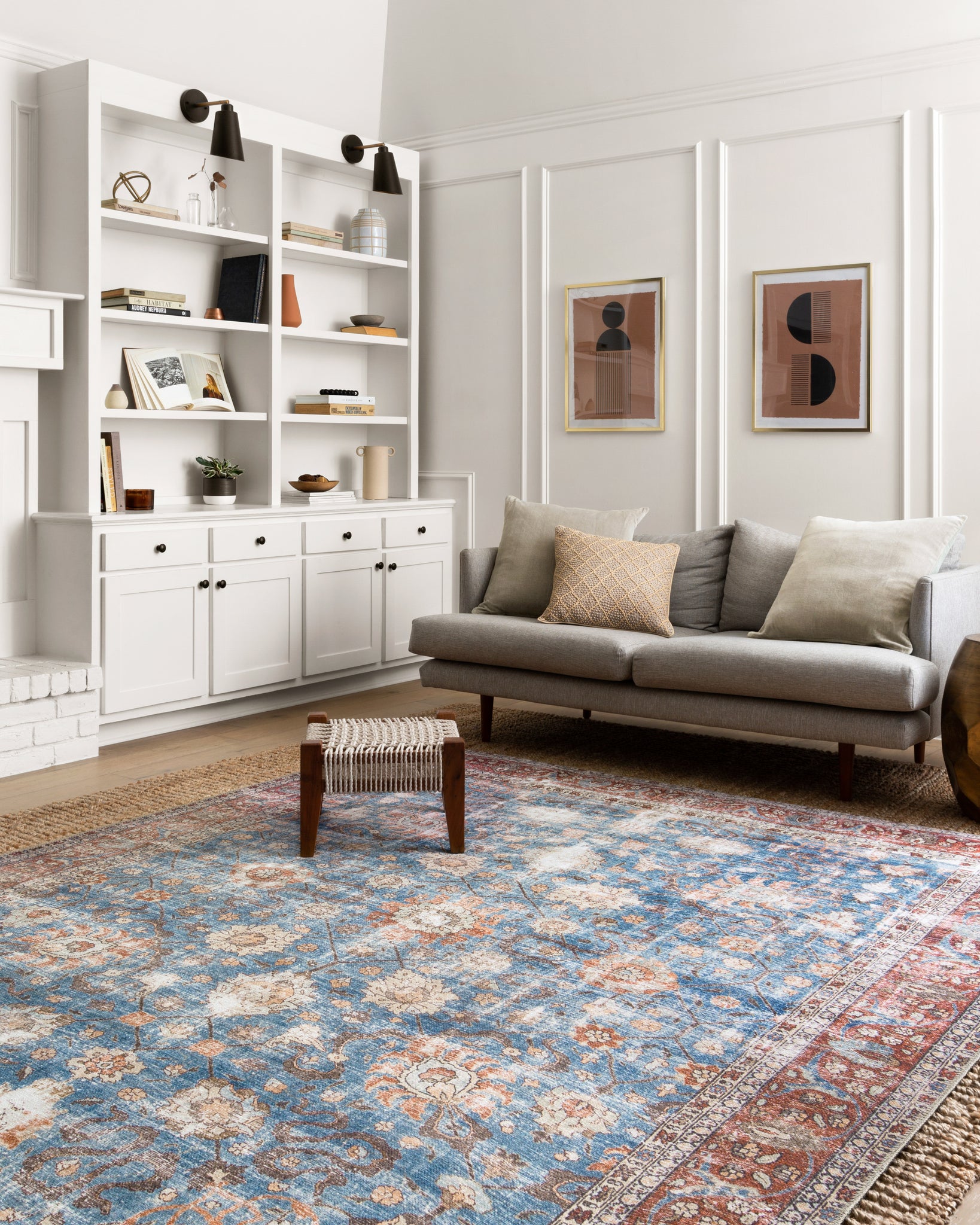angle view of Loren Blue / Brick luxury Rug