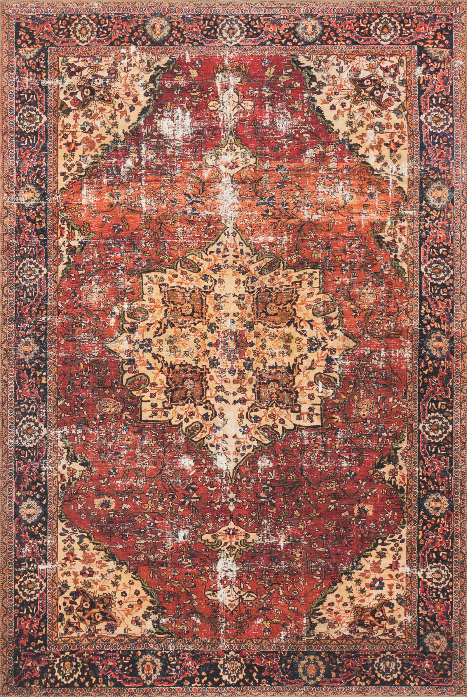 front view of Loren Red / Navy luxury Rug