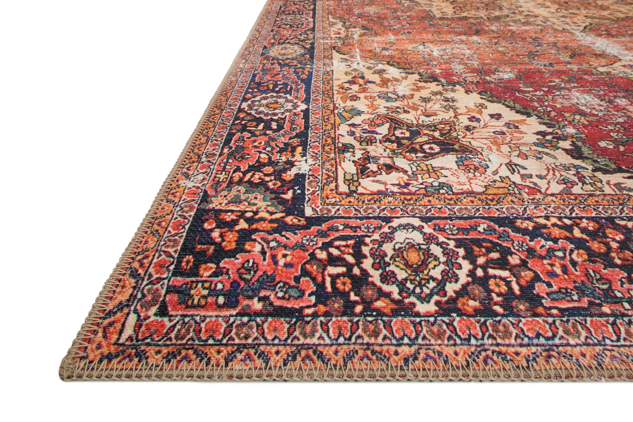 side view of Loren Red / Navy luxury Rug