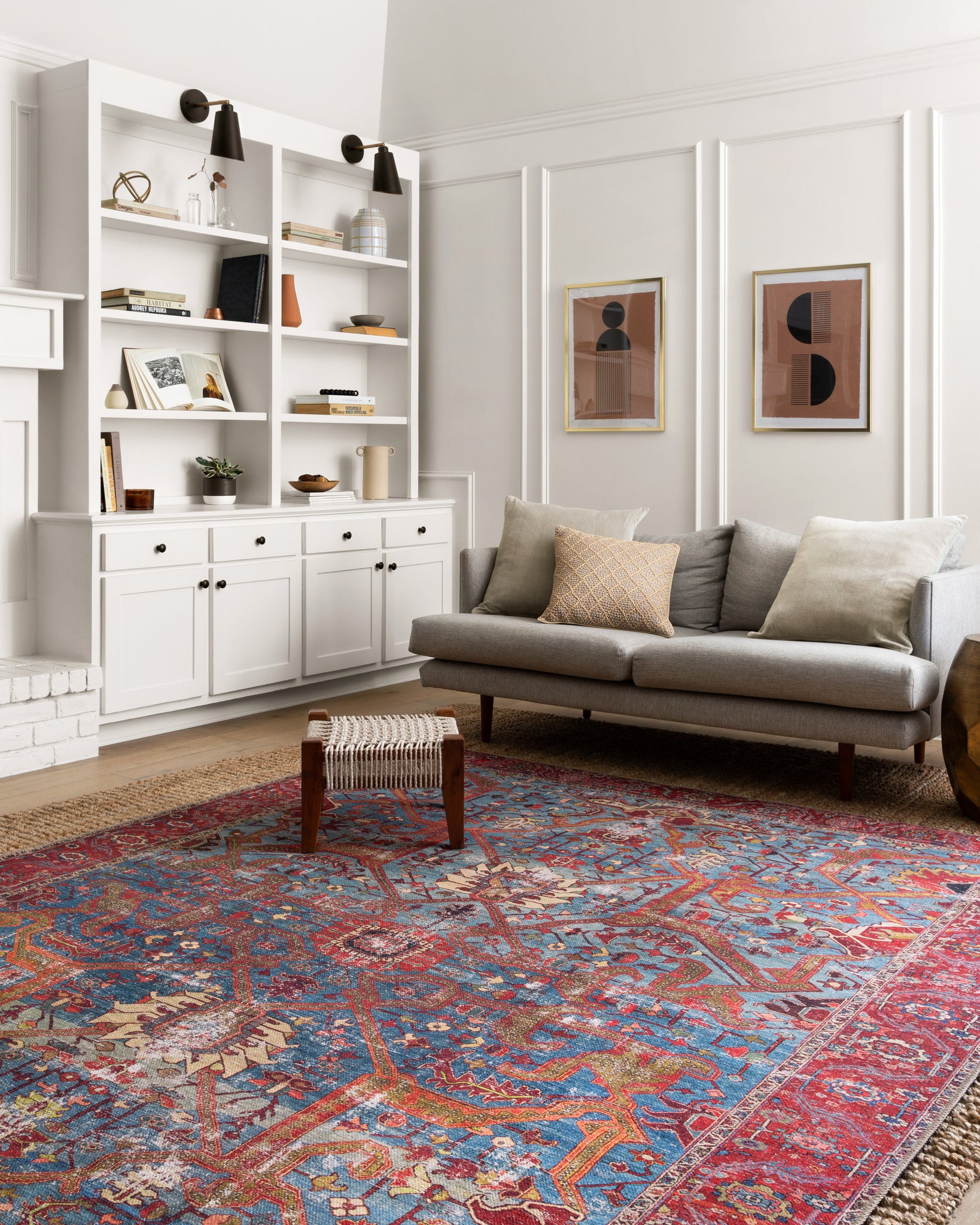 angle view of Loren Blue / Red luxury Rug