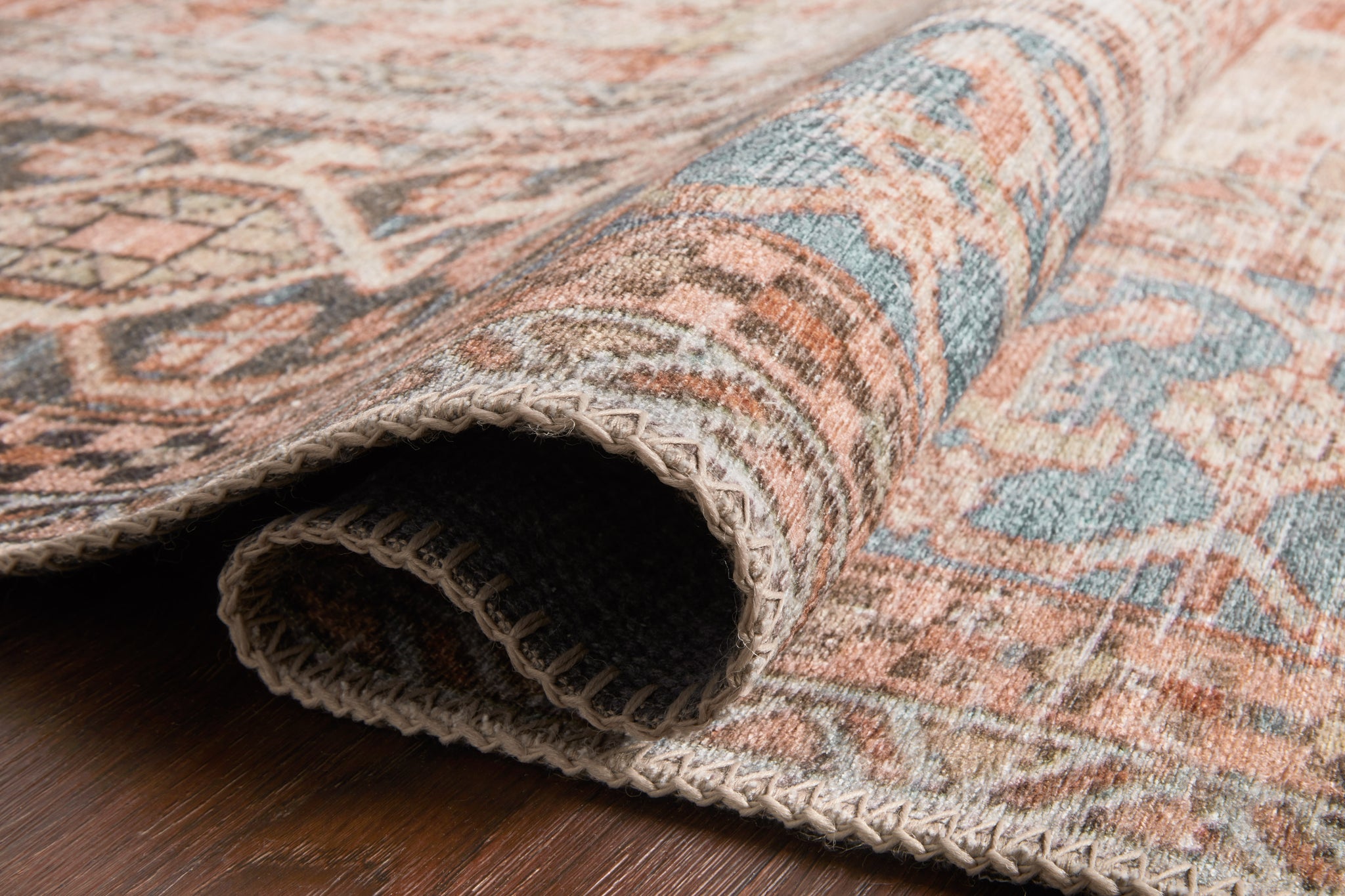 lifestyle view of Loren Terracotta / Sky luxury Rug