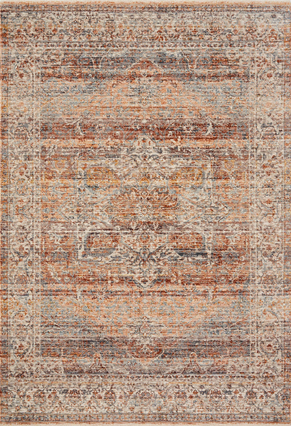 front view of Lourdes Tangerine / Ocean luxury Rug