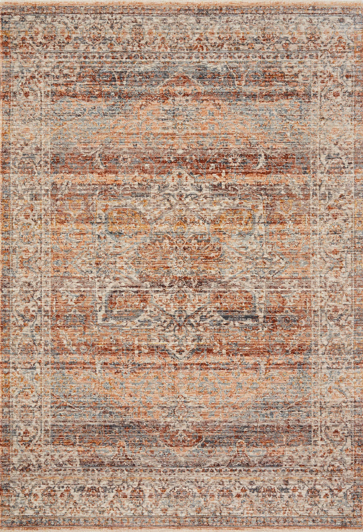 front view of Lourdes Tangerine / Ocean luxury Rug