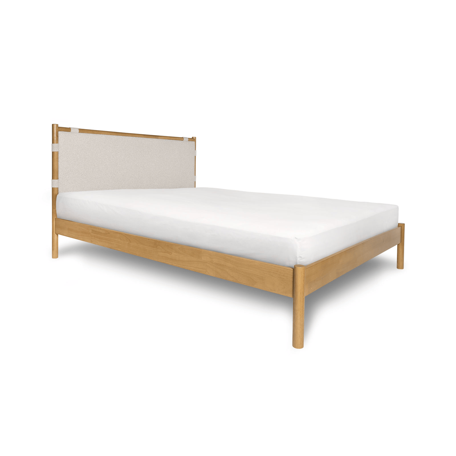 Wooden bed frame with white mattress on a white background