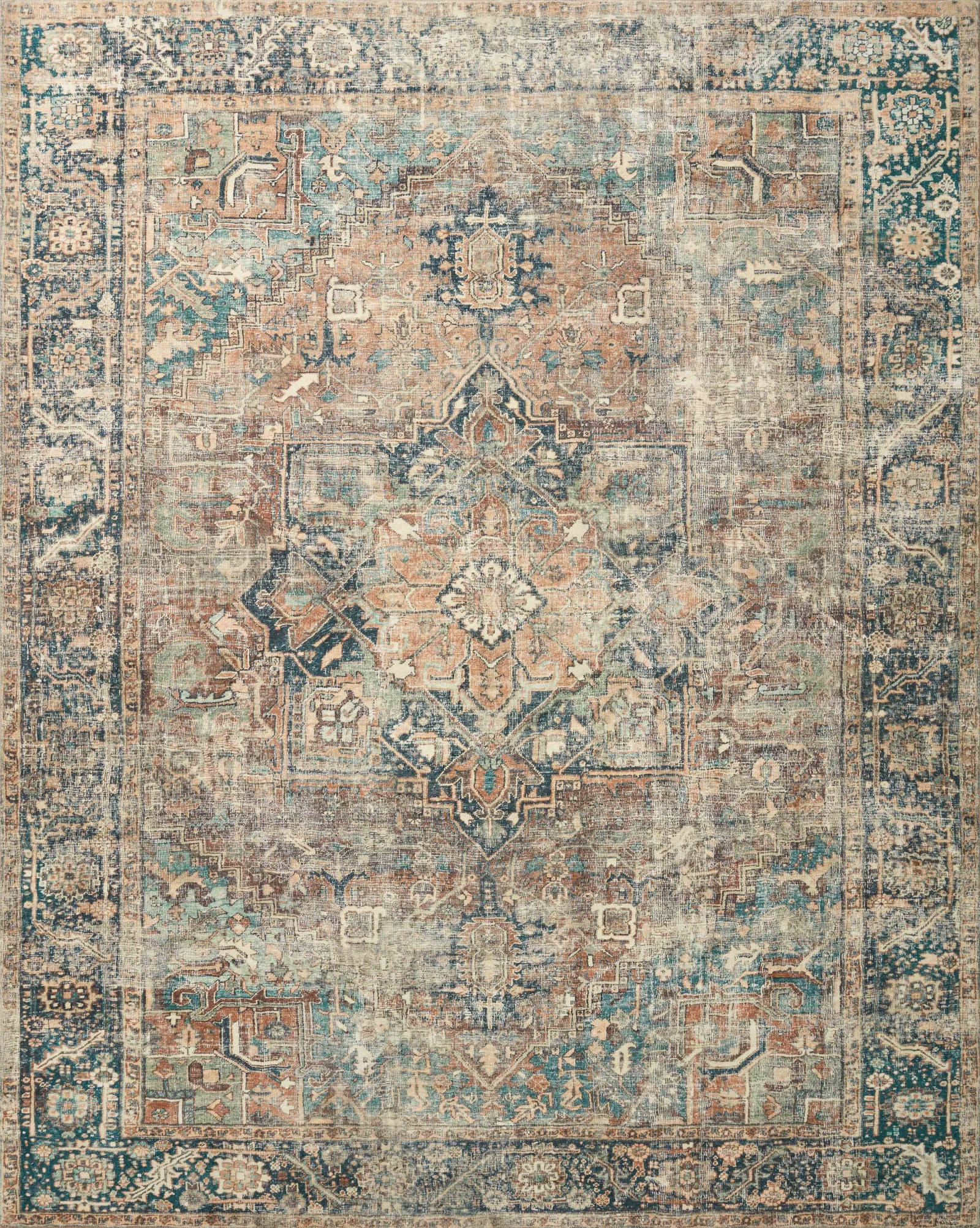front view of Margot Terracotta / Lagoon luxury Rug