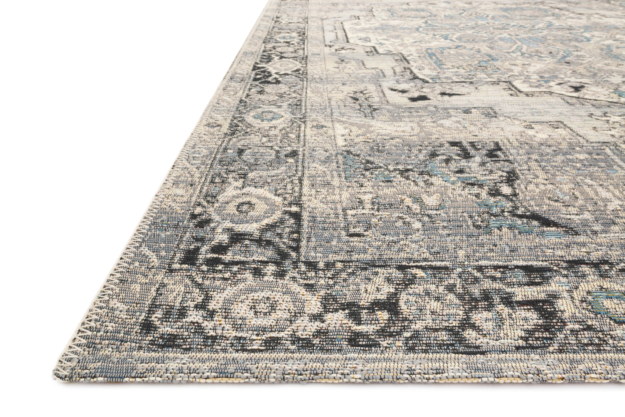 angle view of Mika Grey / Blue luxury Rug