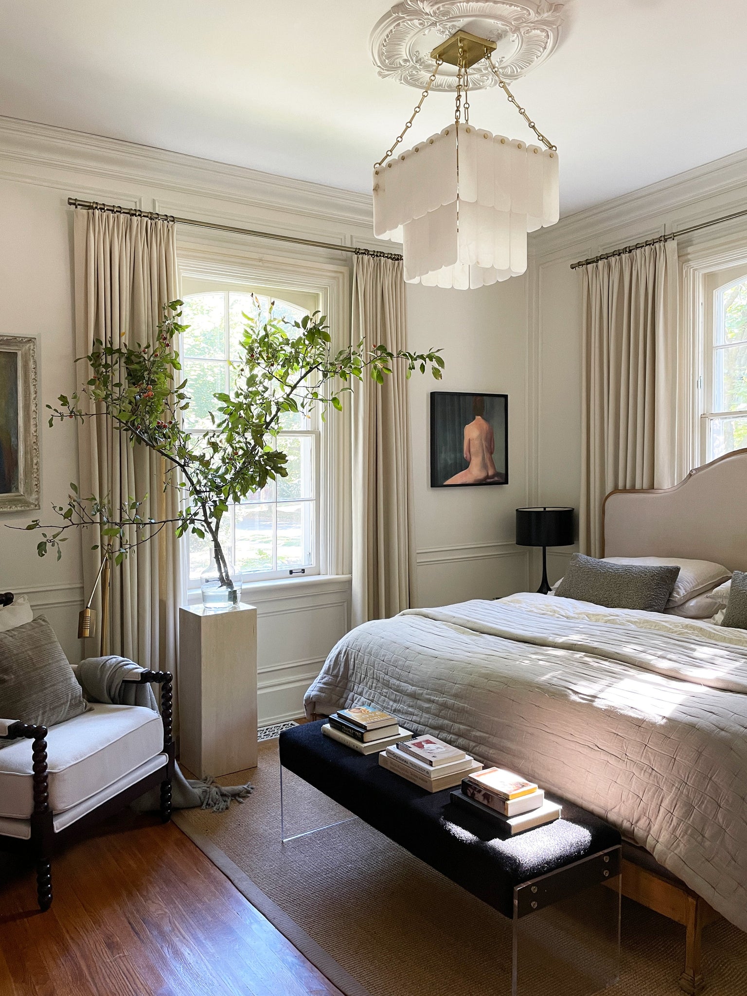 Moissanite Chandelier 20" in aged brass styled in a two-story entry for warm, layered light at Laurie Yapp Home.