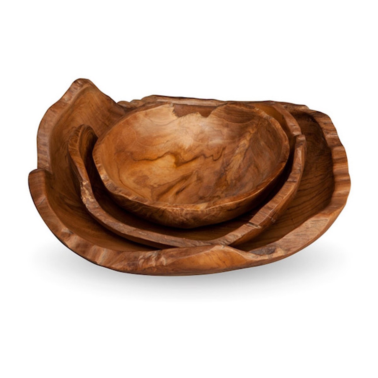 Set of three wooden bowls of different sizes on a white background