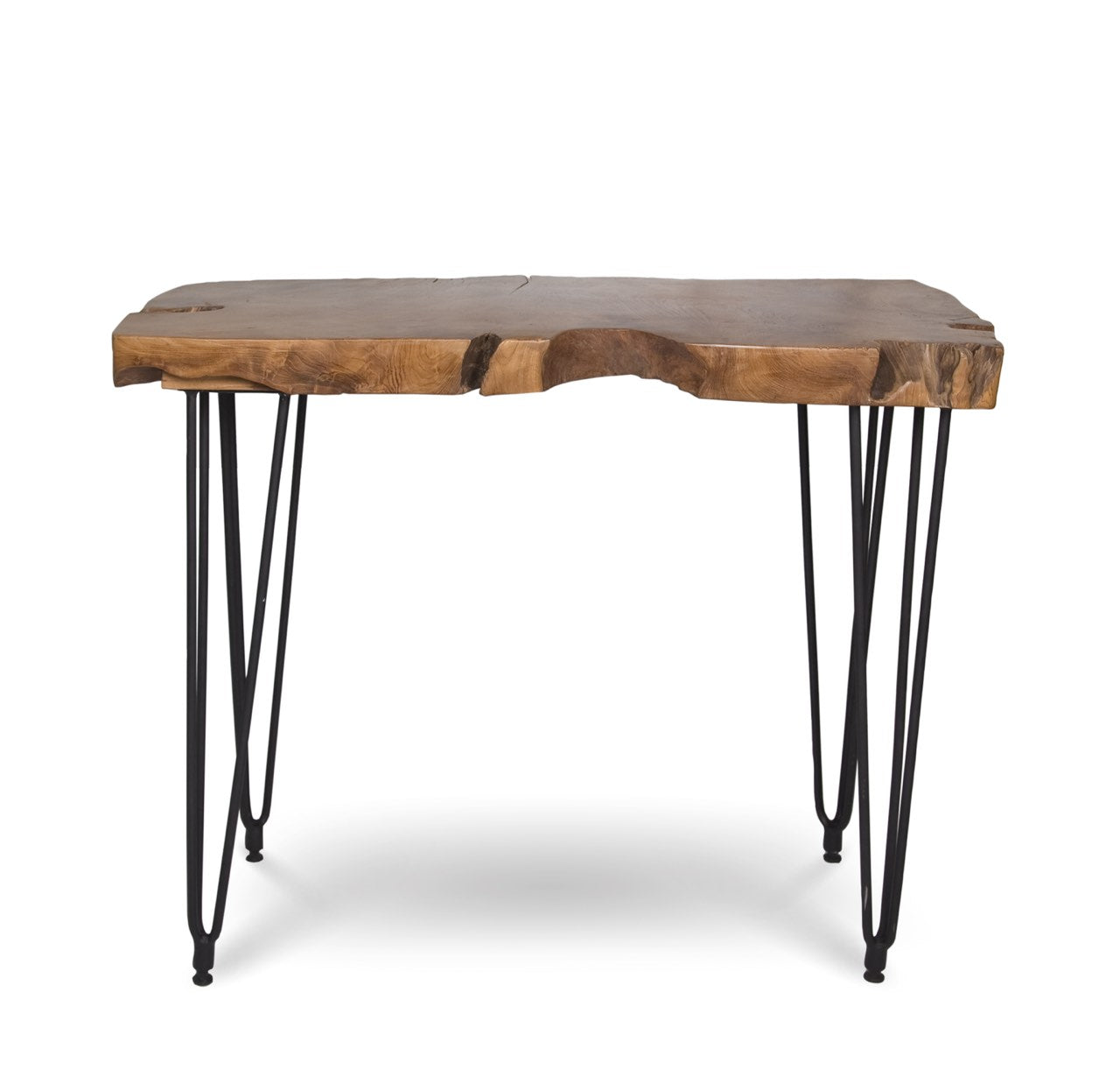 Wooden table with black hairpin legs on a white background