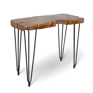 Wooden desk with black hairpin legs on a white background