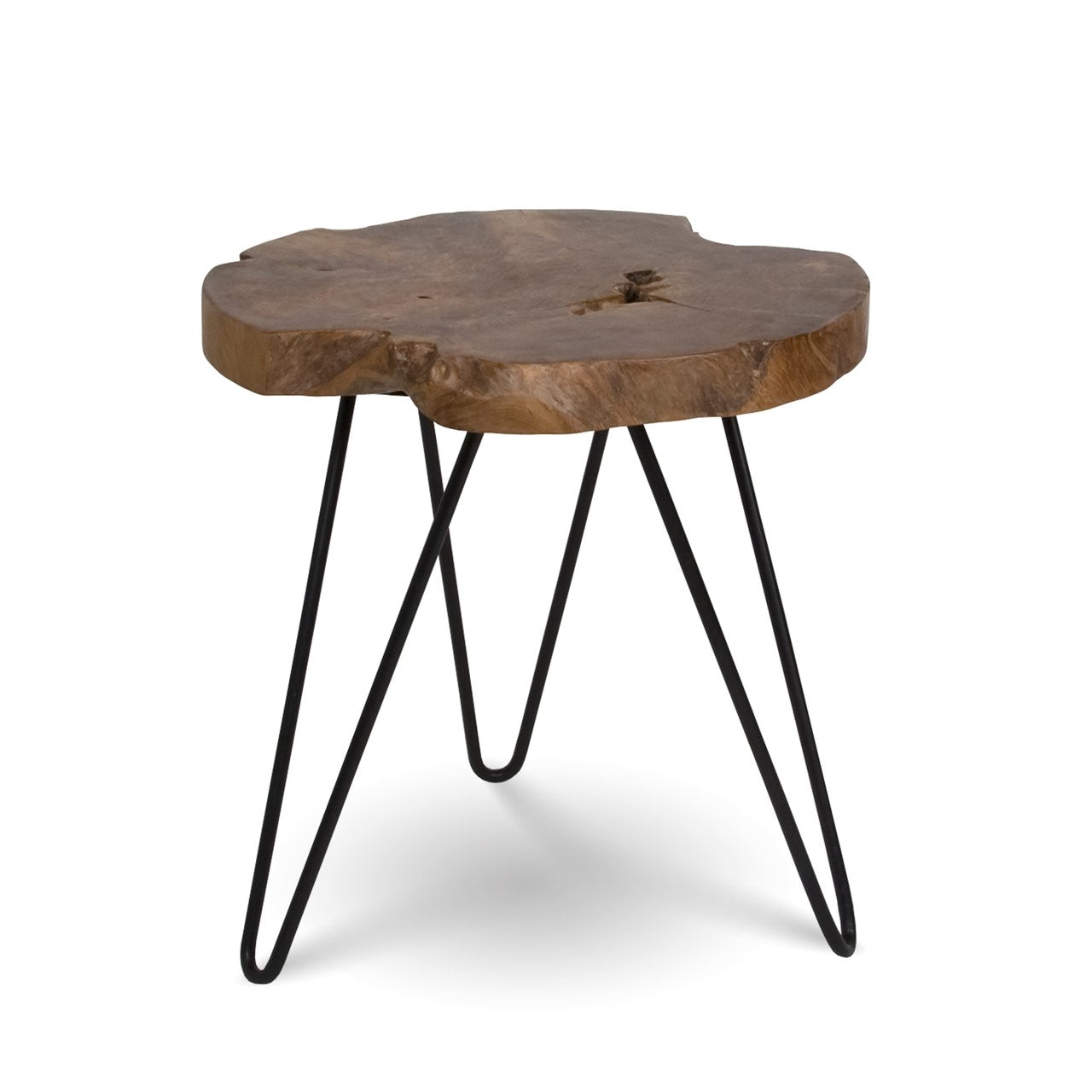 Wooden side table with black metal legs on a white background