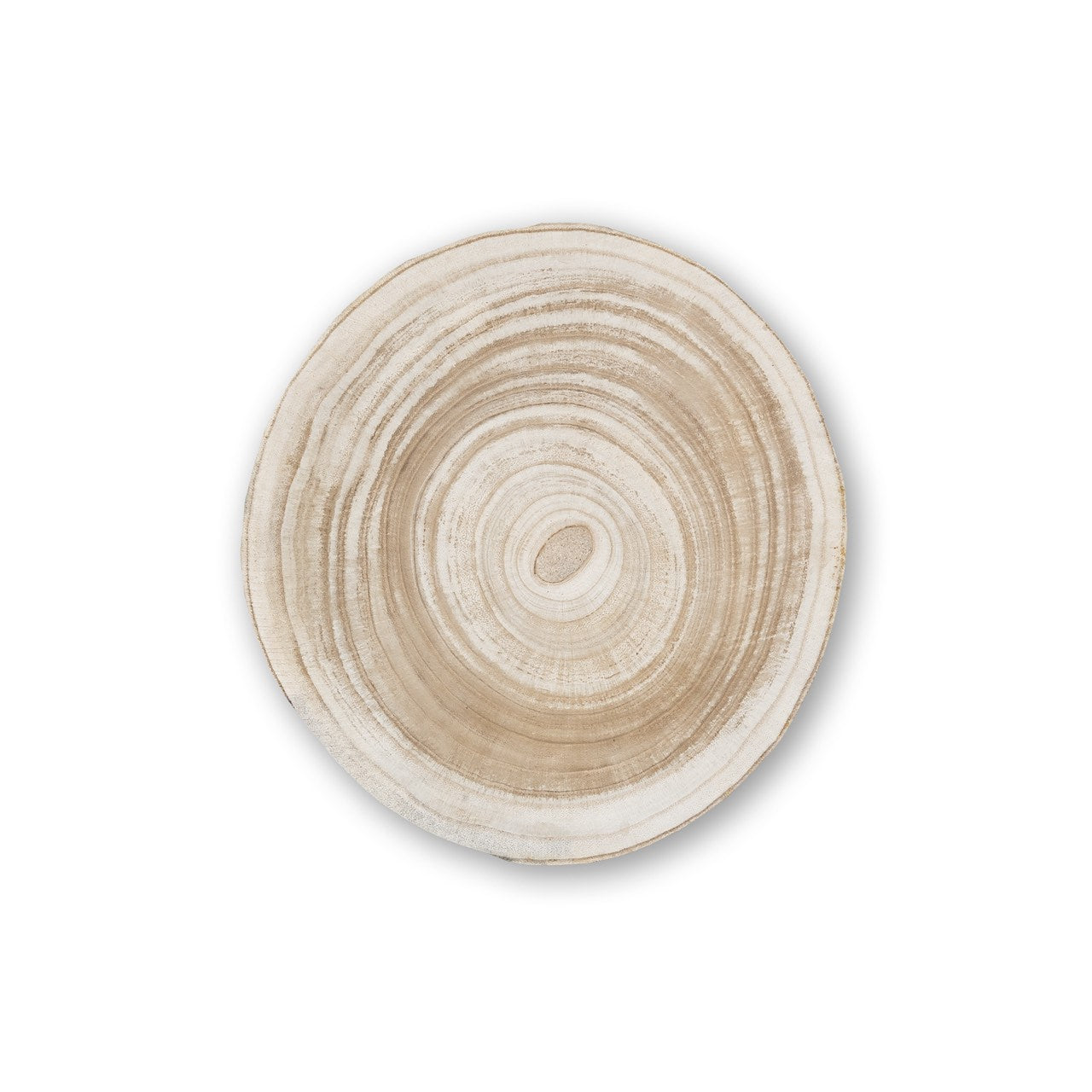 Round wooden coaster with concentric circles on a white background