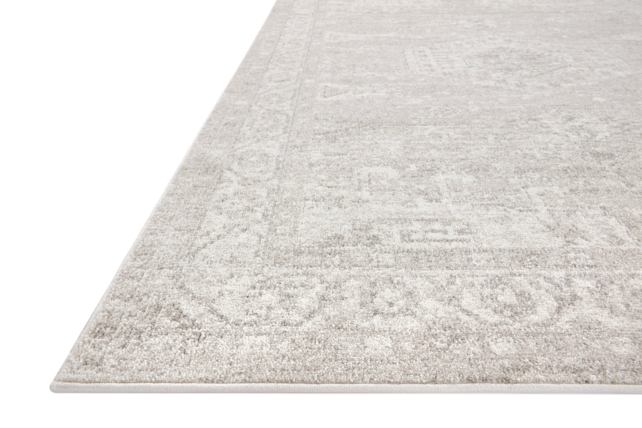 side view of Odette Silver / Ivory luxury Rug