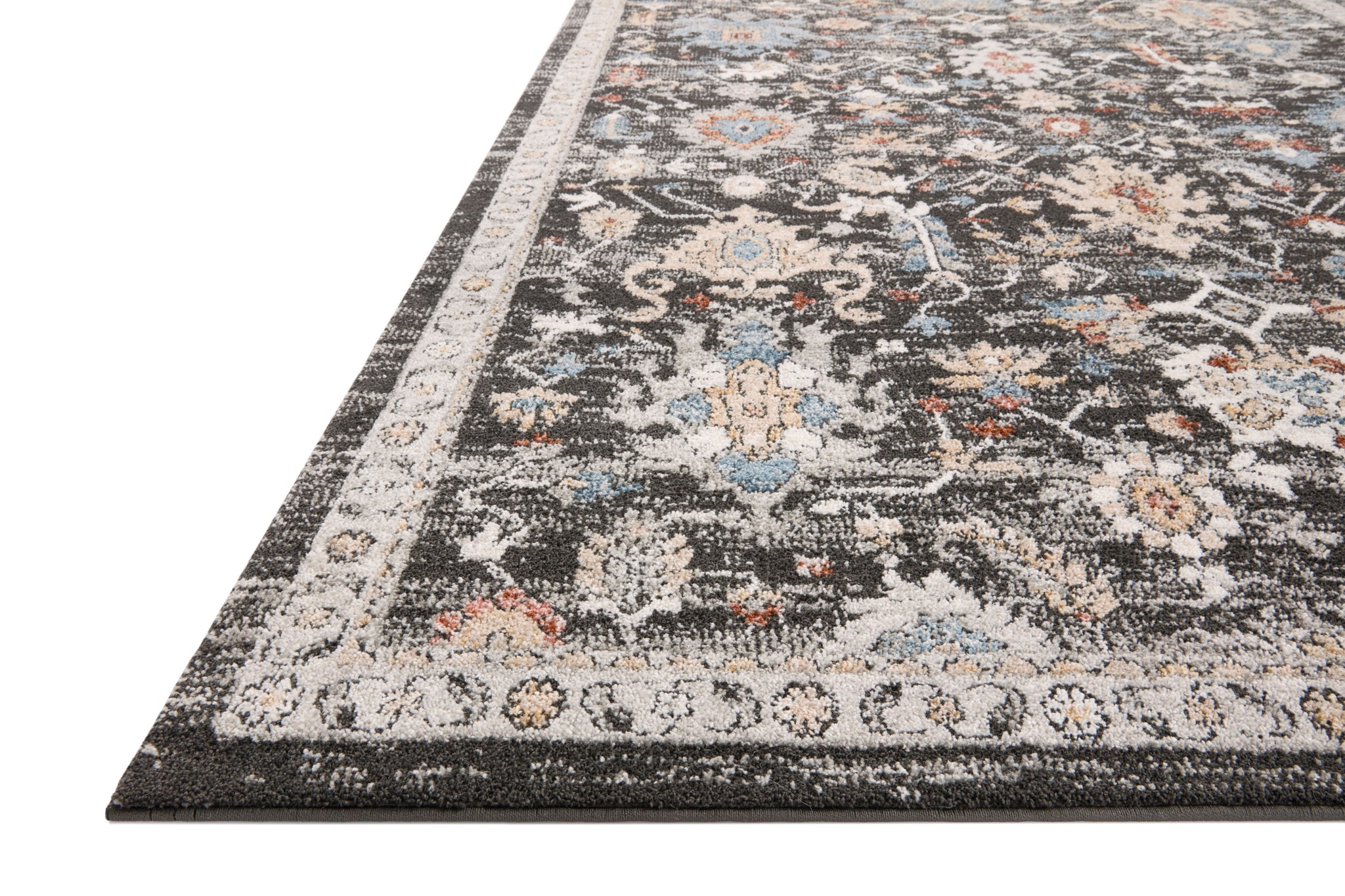 side view of Odette Charcoal / Multi luxury Rug