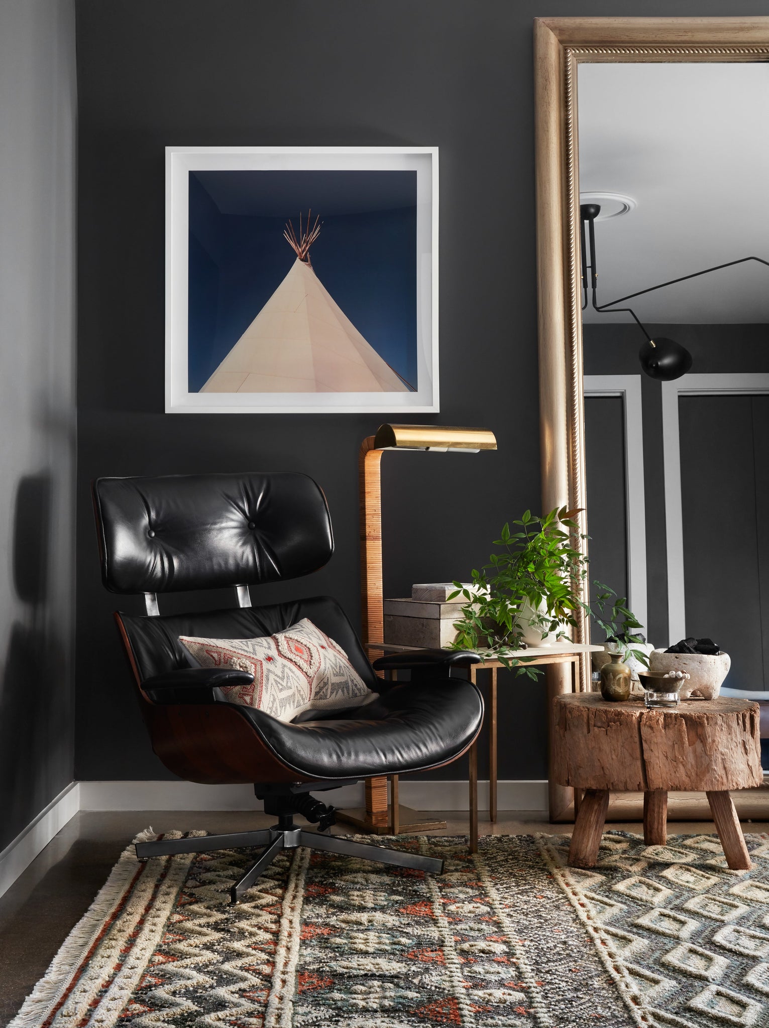 angle view of Owen Indigo / Sage luxury Rug
