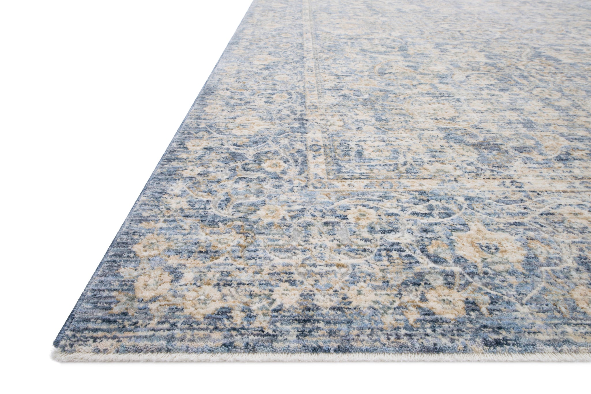 angle view of Pandora Blue / Gold luxury Rug