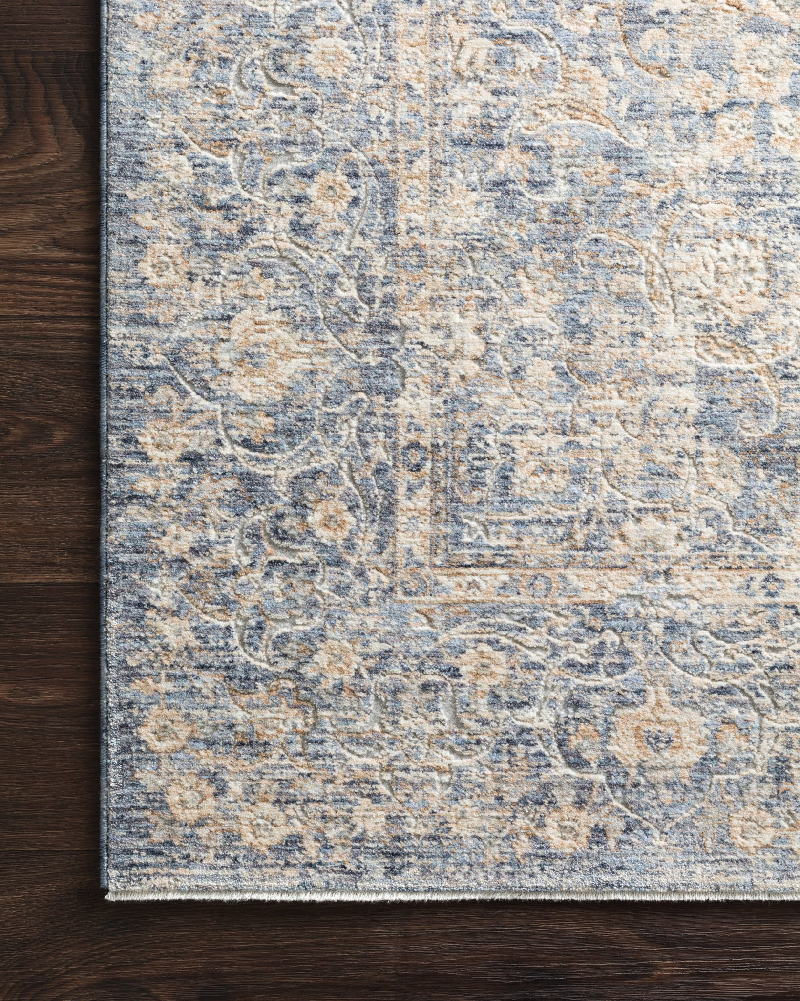 detail view of Pandora Blue / Gold luxury Rug