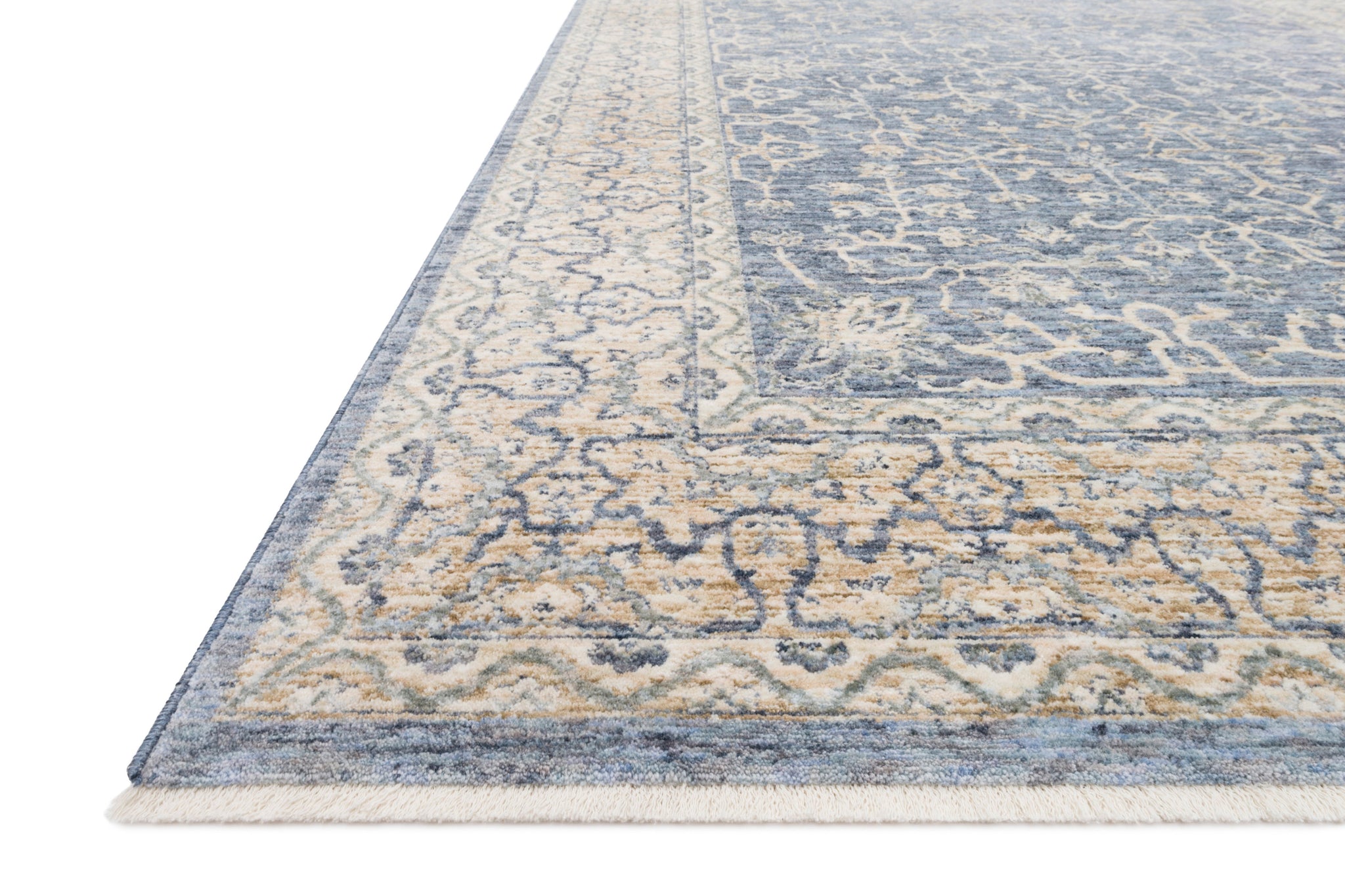 angle view of Pandora Dark Blue / Ivory luxury Rug