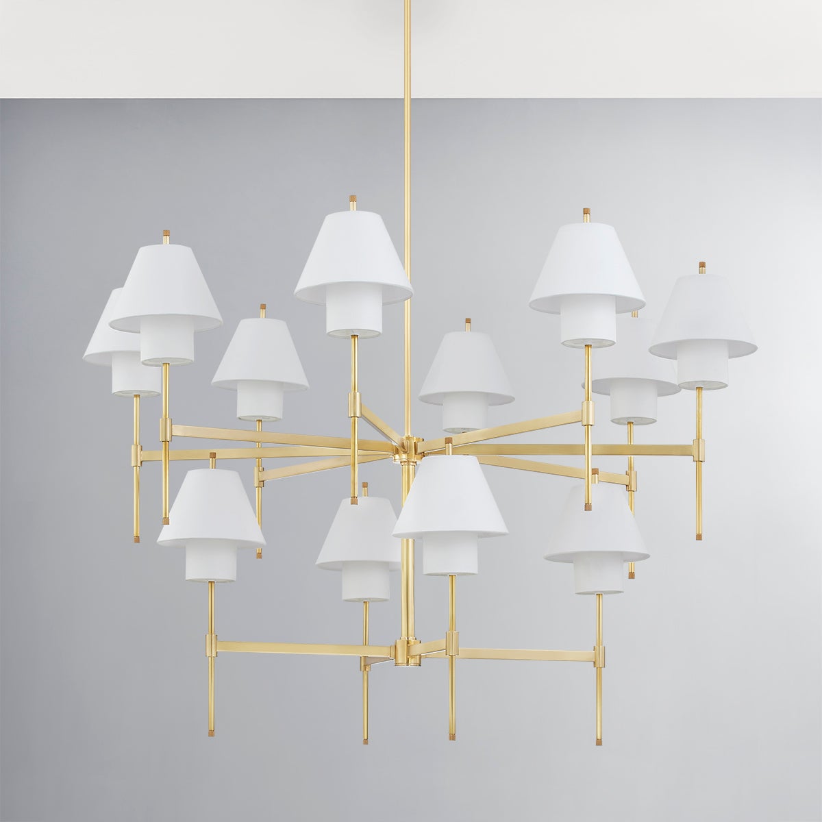 Close-up of the Glenmoore Chandelier 48.5" x 40.75" in aged brass showing the frame, arms, and shade detail.