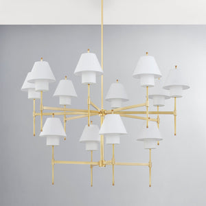 Close-up of the Glenmoore Chandelier 48.5" x 40.75" in aged brass showing the frame, arms, and shade detail.