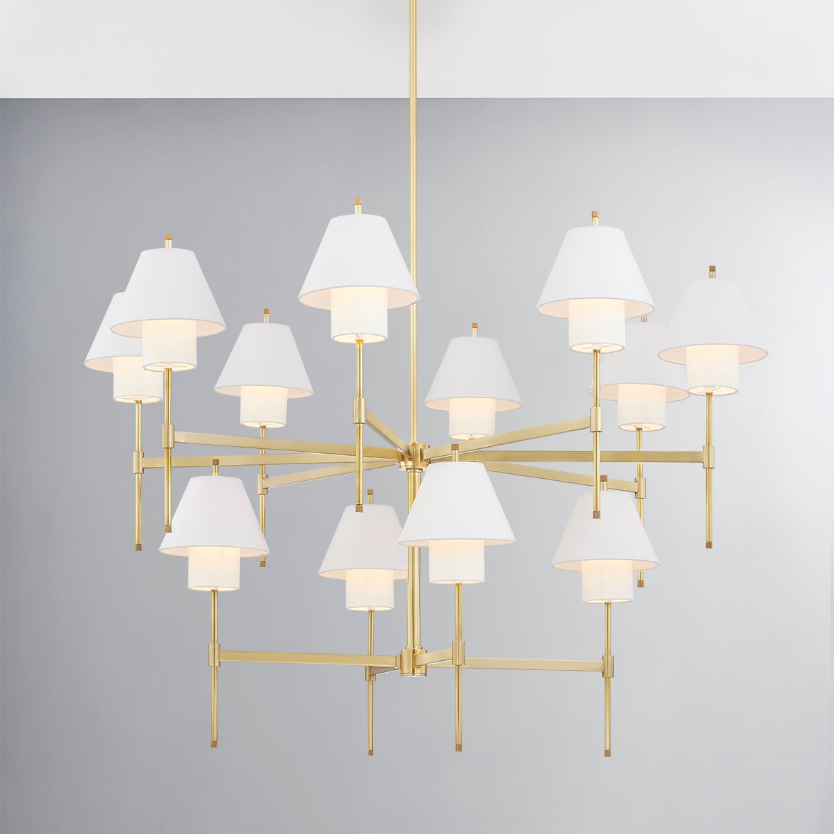 Close-up of the Glenmoore Chandelier 48.5" x 40.75" in aged brass showing the frame, arms, and shade detail.