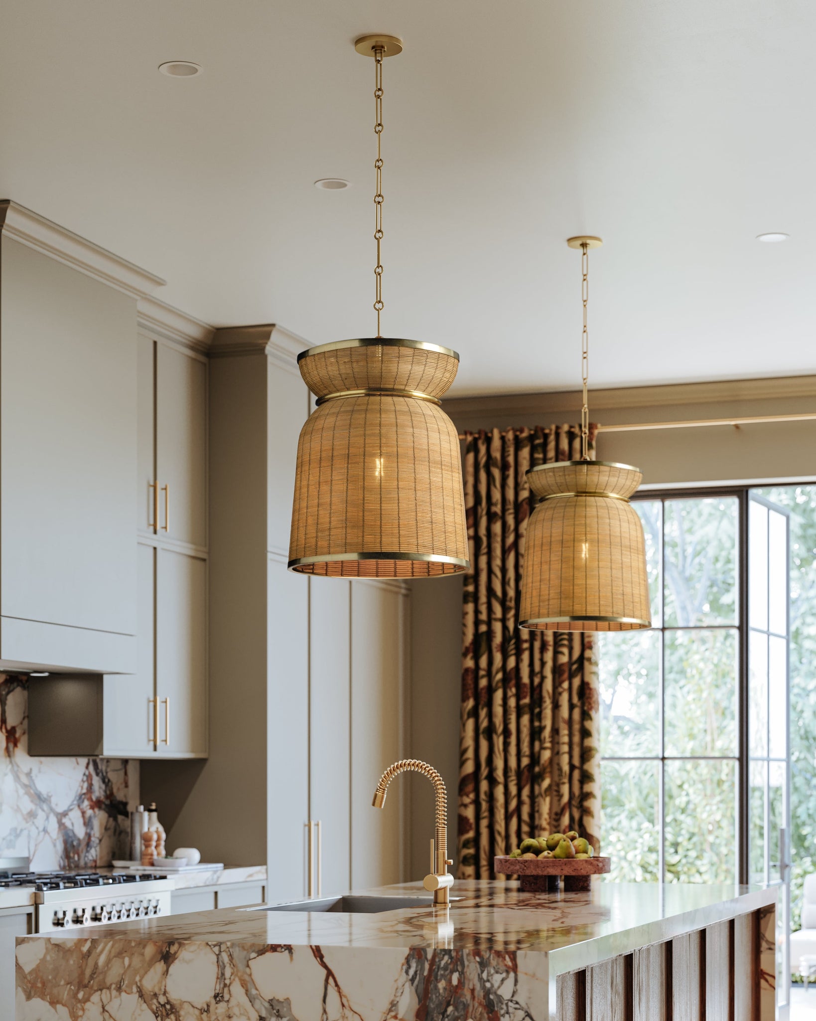 Parkchester Pendant 13" in aged brass shown from a second angle to highlight the shade shape and metal detail.