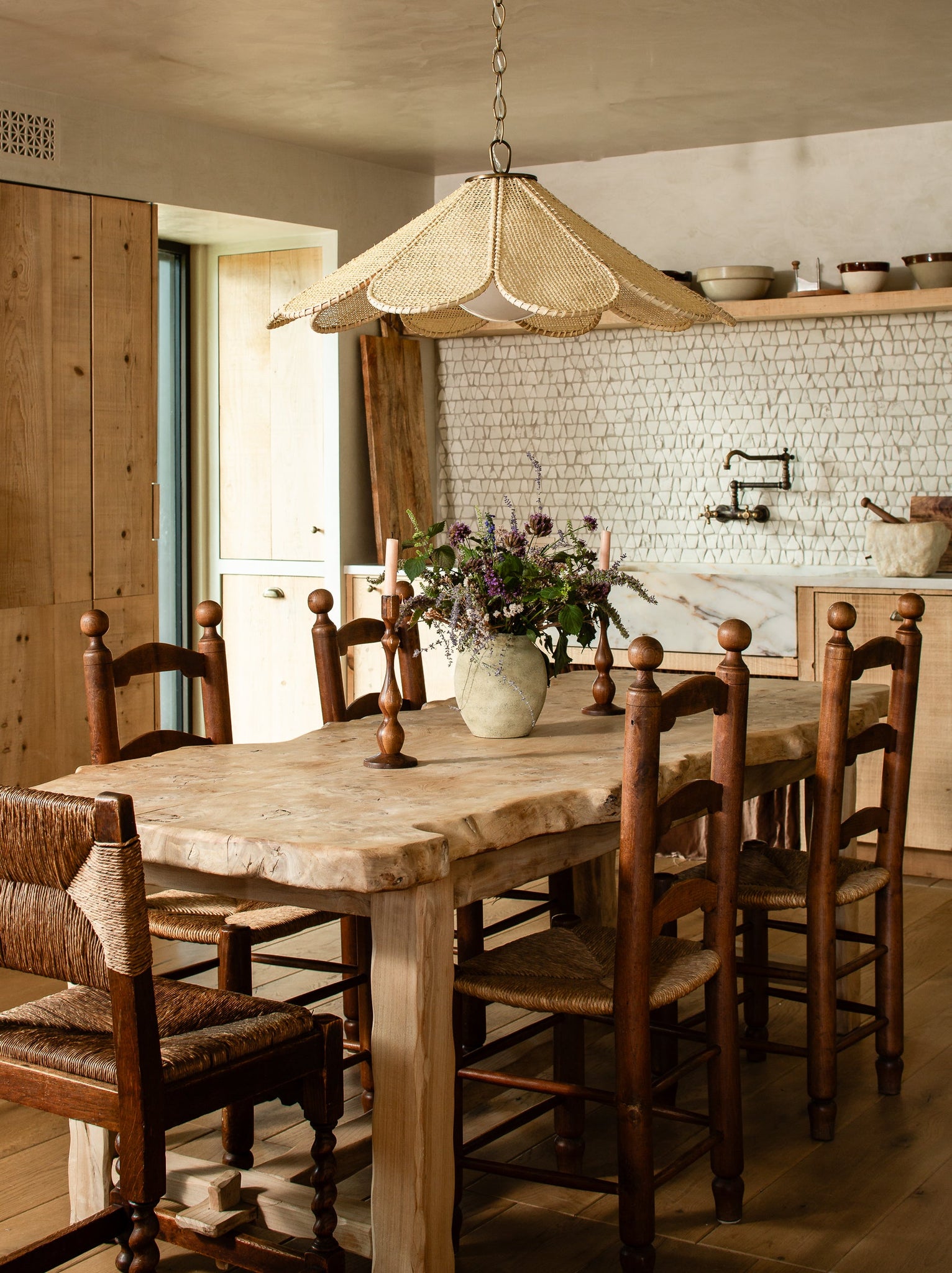 Petal Pendant 36.25" styled in a bright kitchen for warm, layered light at Laurie Yapp Home.