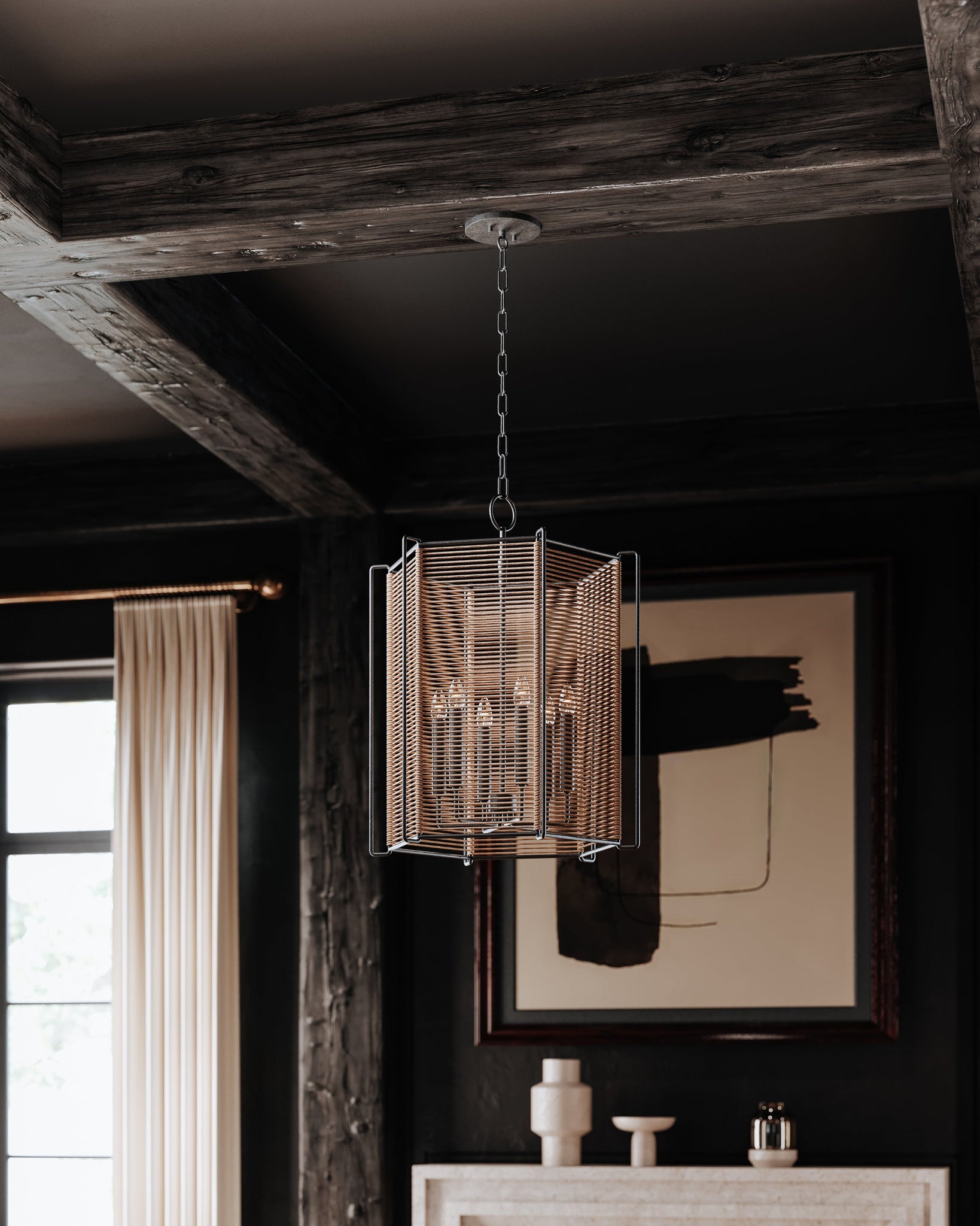 Ramon Lantern 22" styled in a foyer for warm, layered light at Laurie Yapp Home.