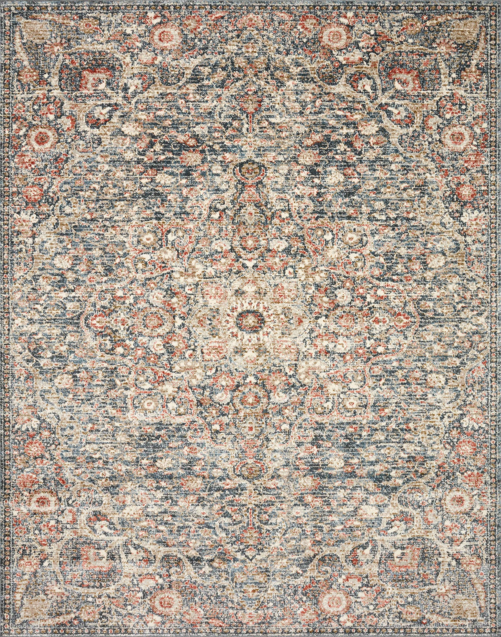 front view of Saban Blue / Spice luxury Rug