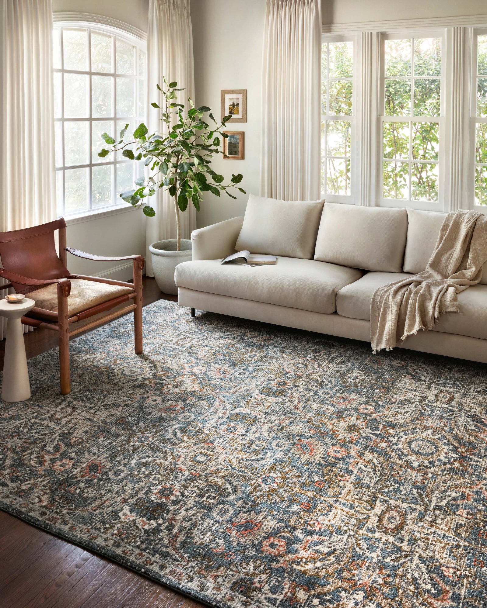 front view of Saban Blue / Sand luxury Rug