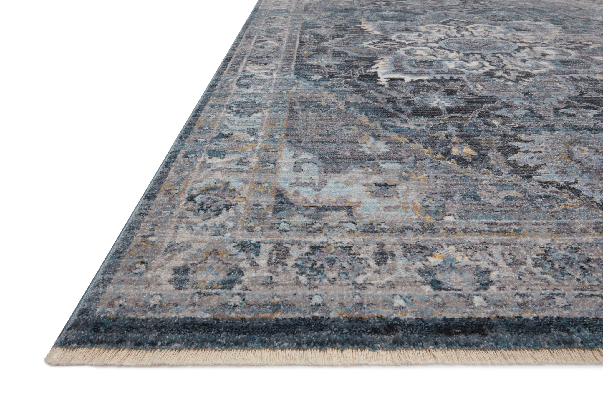 side view of Samra Denim / Grey luxury Rug