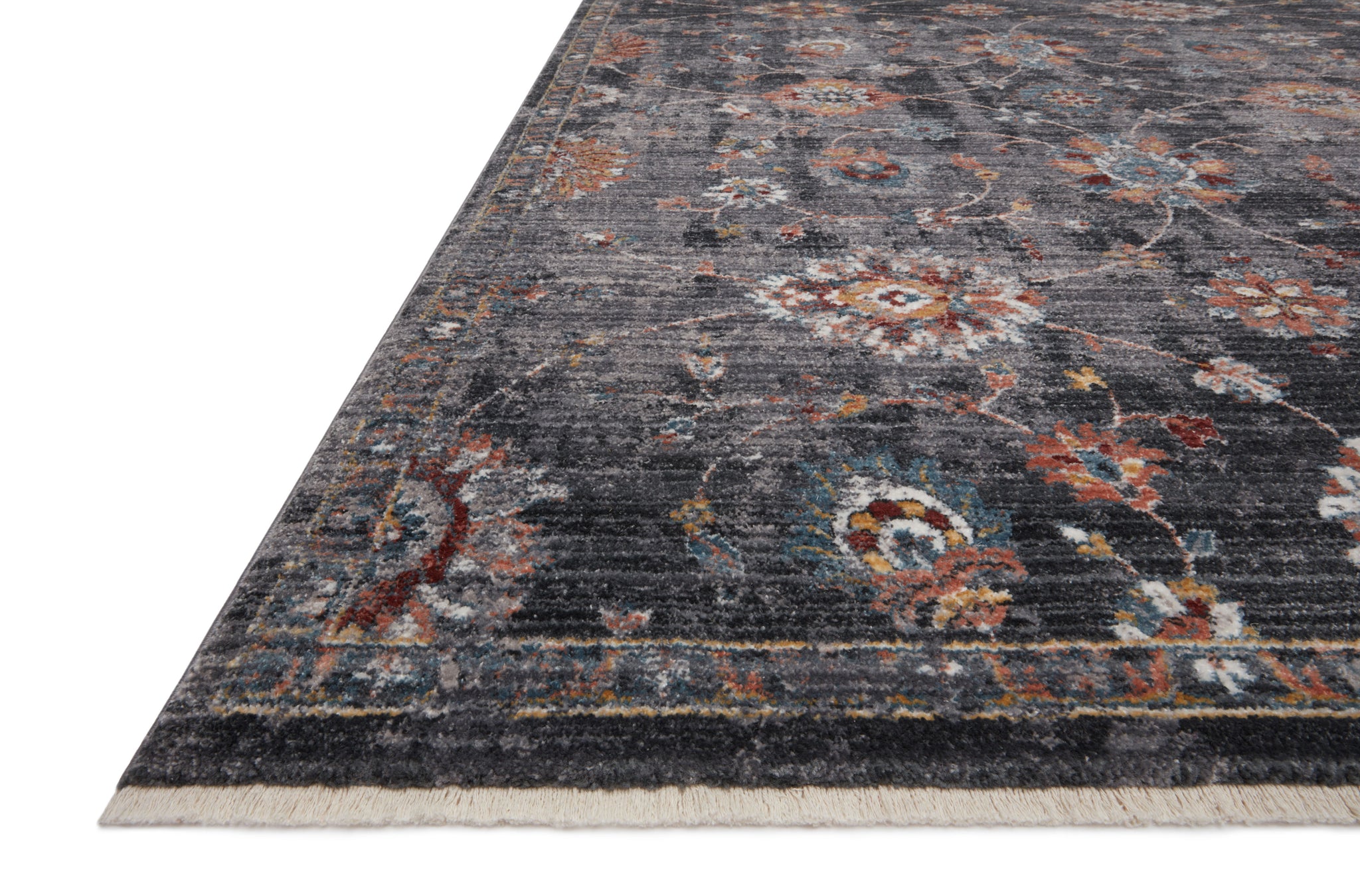 side view of Samra Charcoal / Multi luxury Rug