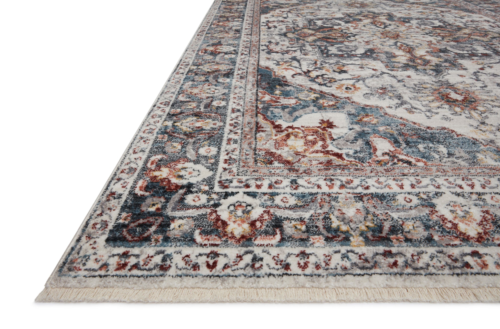 side view of Samra Ivory / Denim luxury Rug