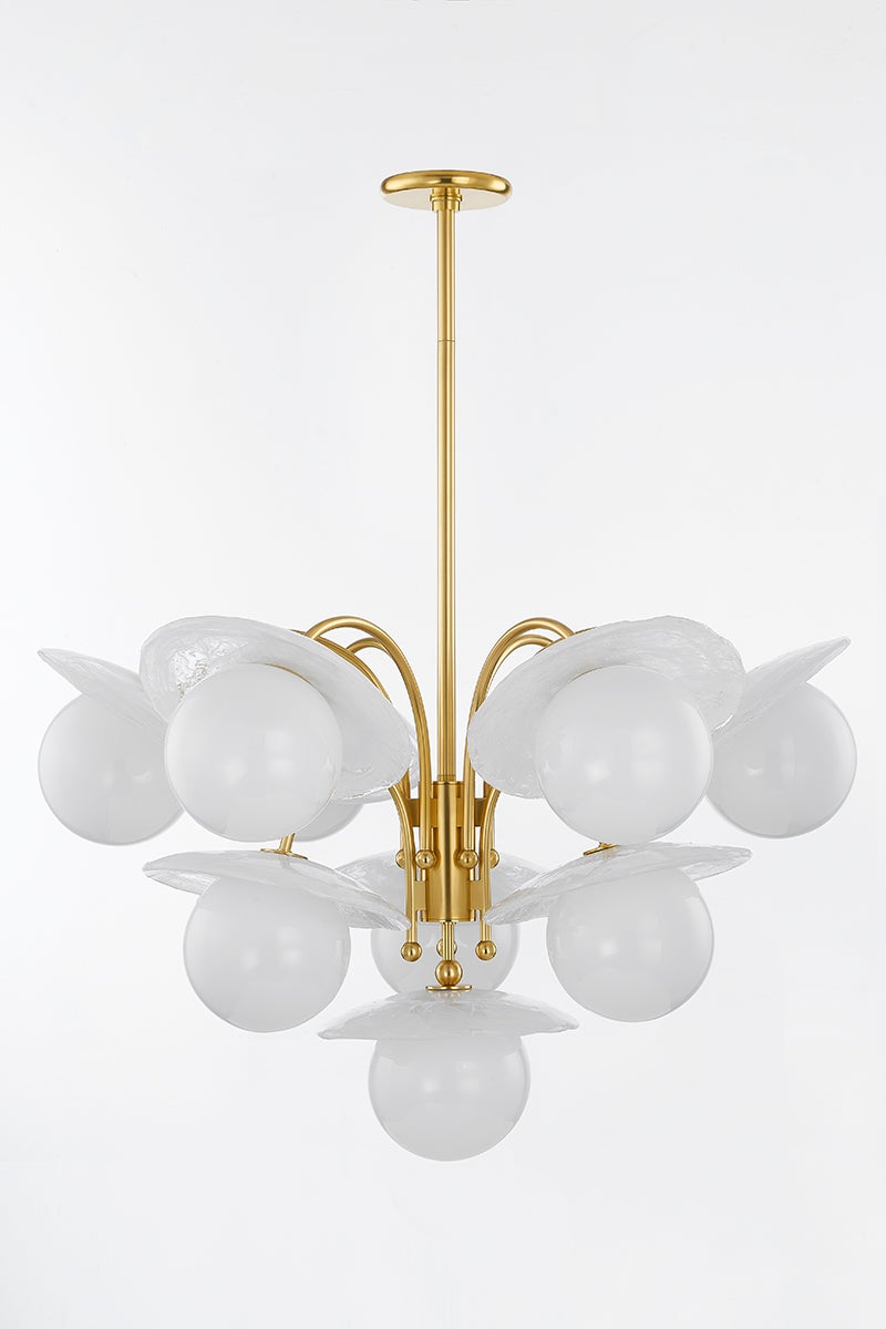 Stampford Chandelier in aged brass — a Hudson Valley chandelier for dining rooms, entries, and living rooms at Laurie Yapp Home.