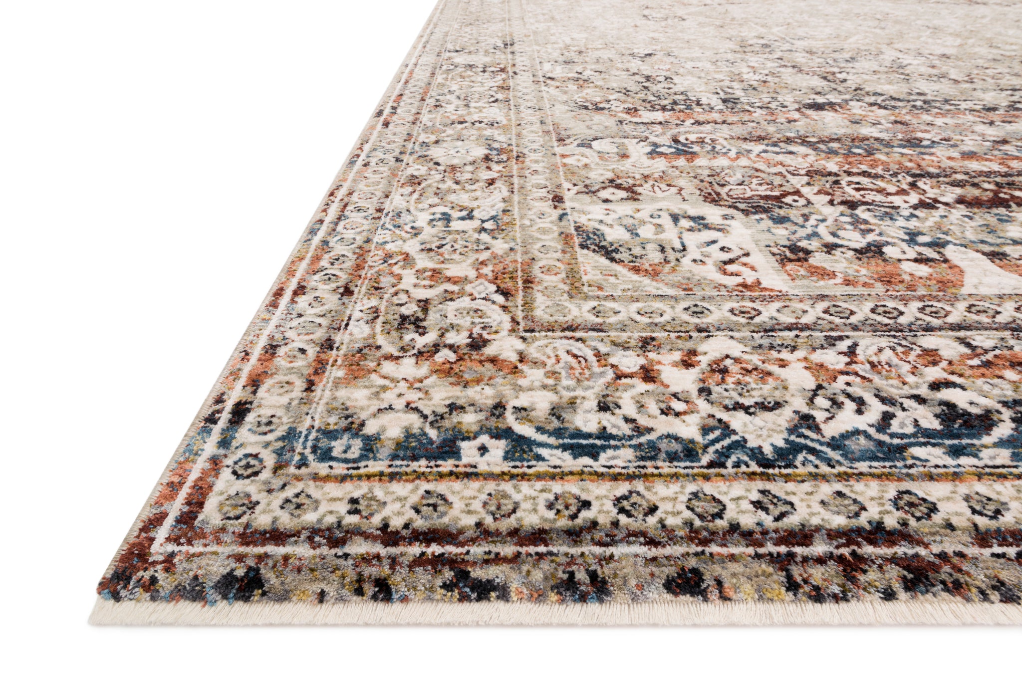 side view of Theia Taupe / Brick luxury Rug