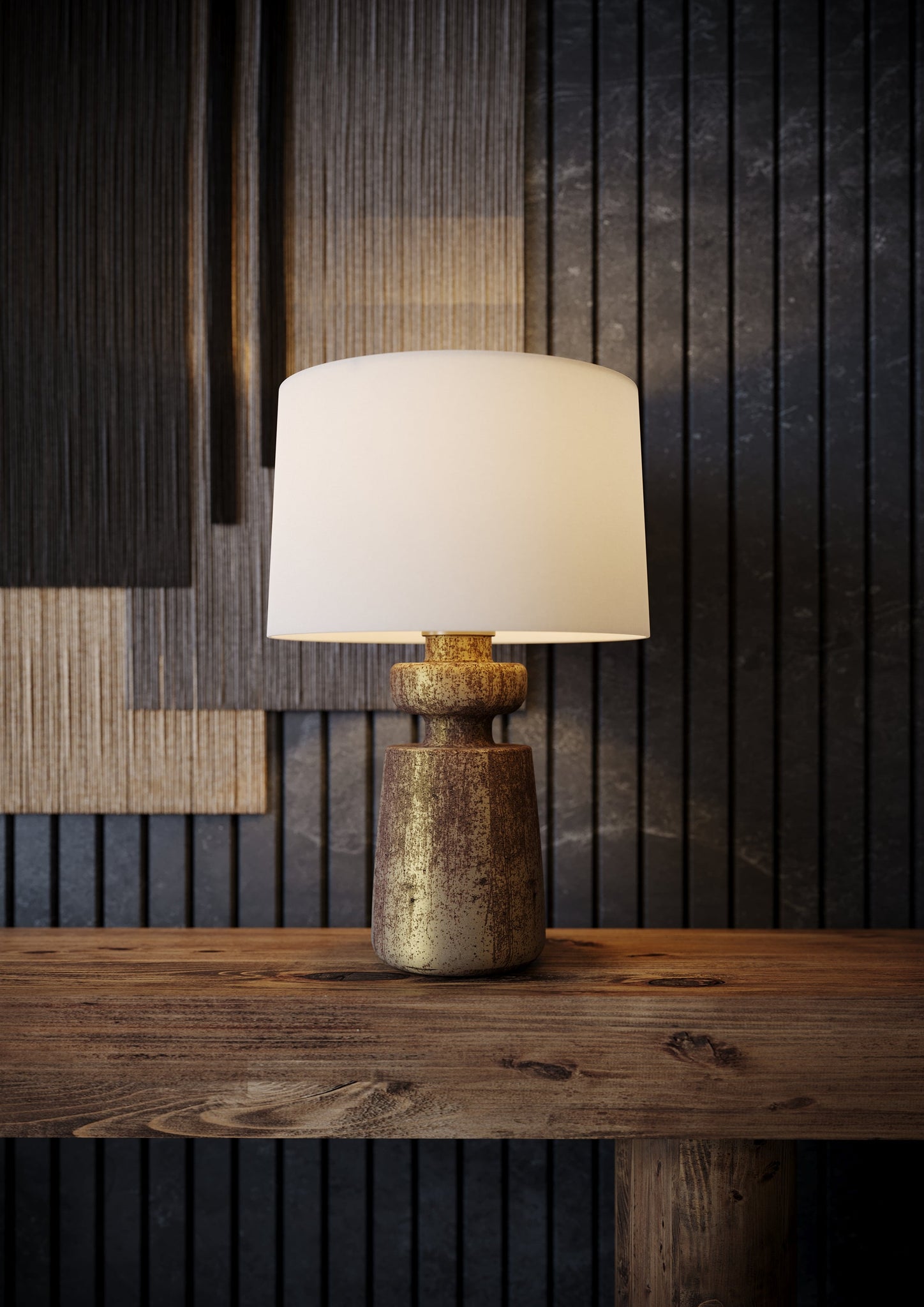 Terron Table Lamp 17" styled in a curated console for warm, layered light at Laurie Yapp Home.