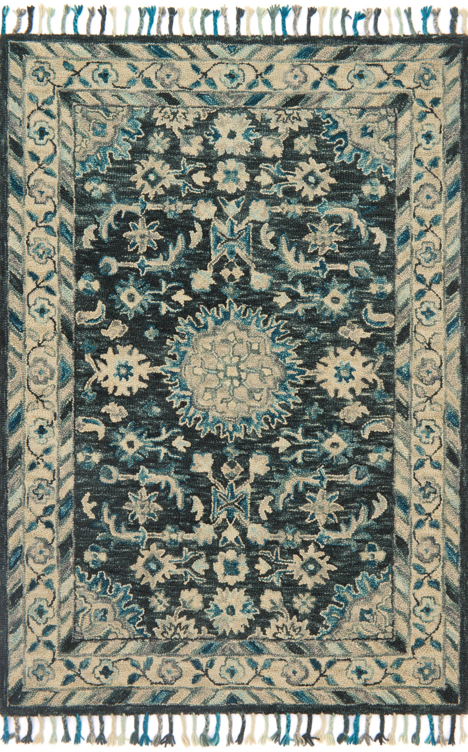 front view of Zharah Teal / Grey luxury Rug