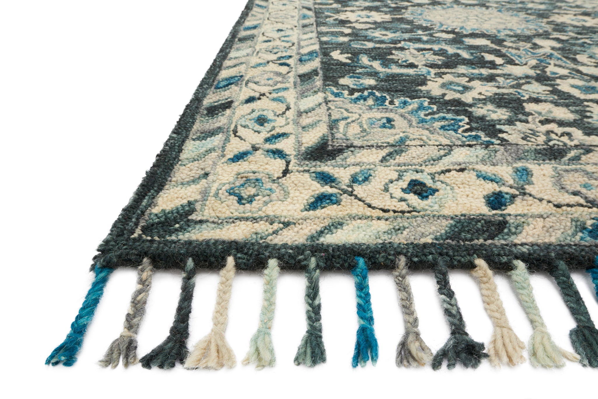 angle view of Zharah Teal / Grey luxury Rug
