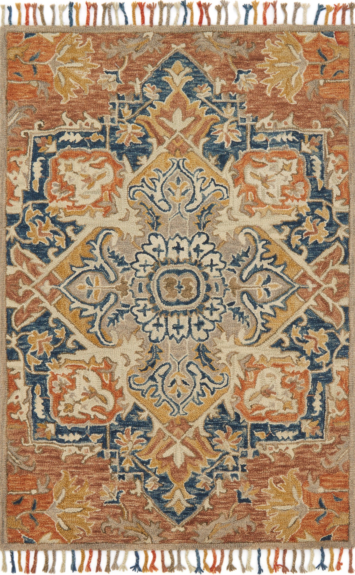 front view of Zharah Rust / Blue luxury Rug
